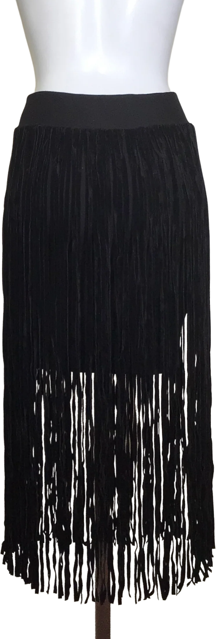 90s Black Cotton Mini Skirt With Long Velvet Fringe - Image 2