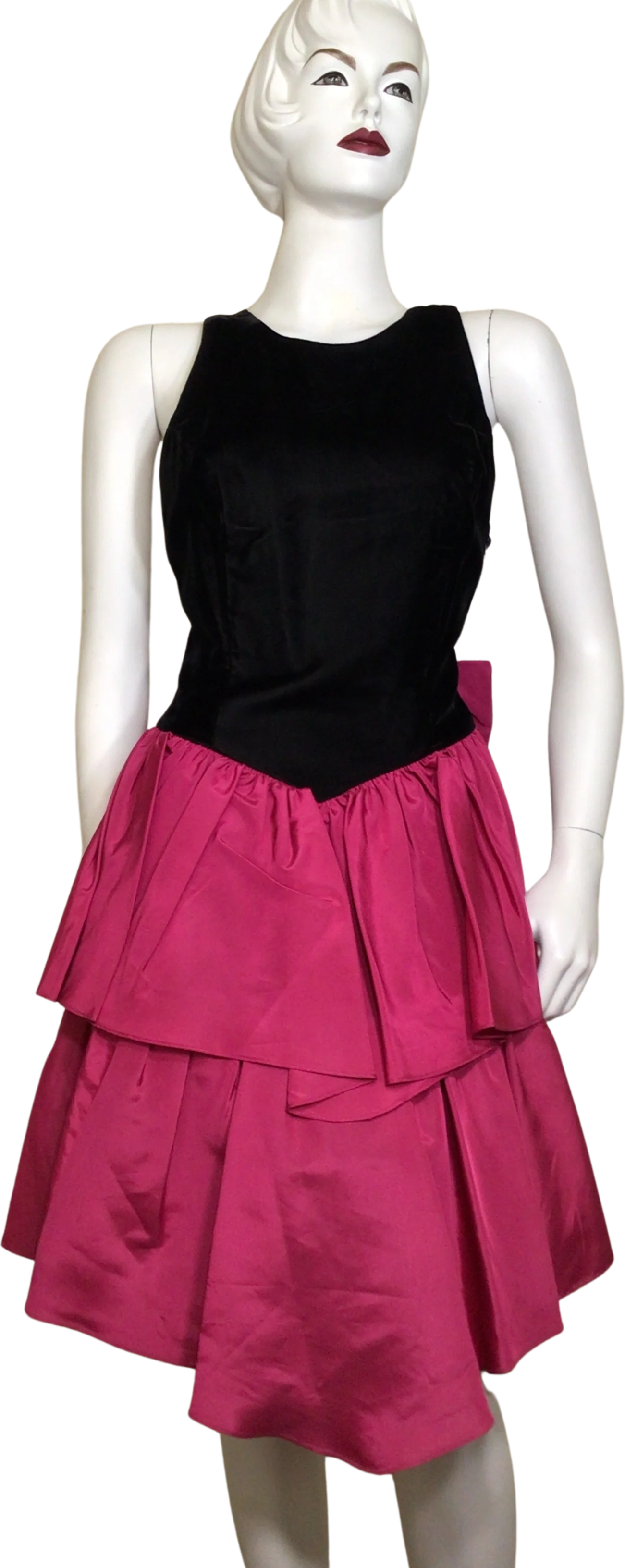 90s Black Velvet Pink Ruffled Cutout Back Mini Dress By Gunne Sax by Jessic Mcclintock
