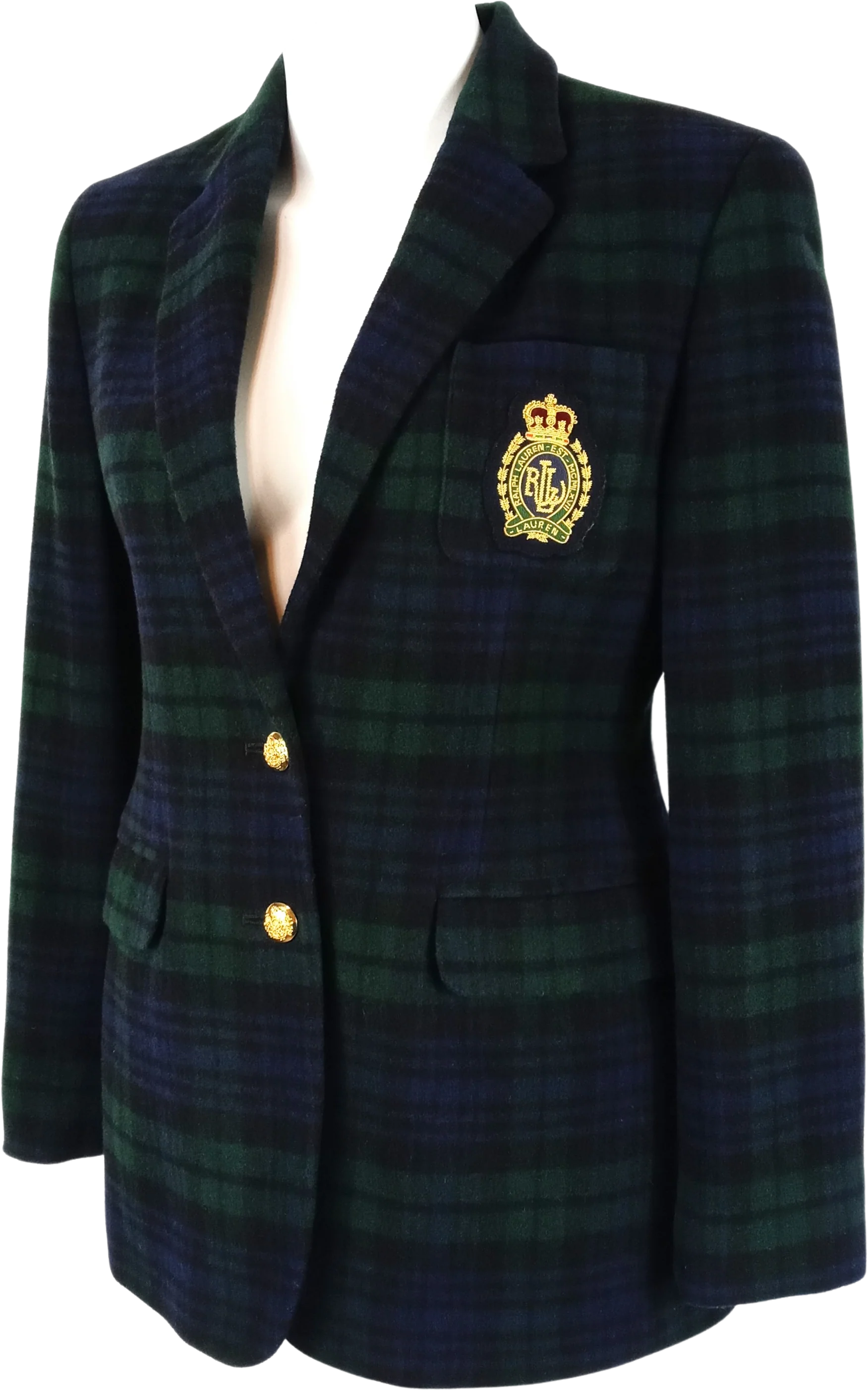 90s Black Watch Plaid Crest Pocket Cashmere Blazer By Ralph Lauren