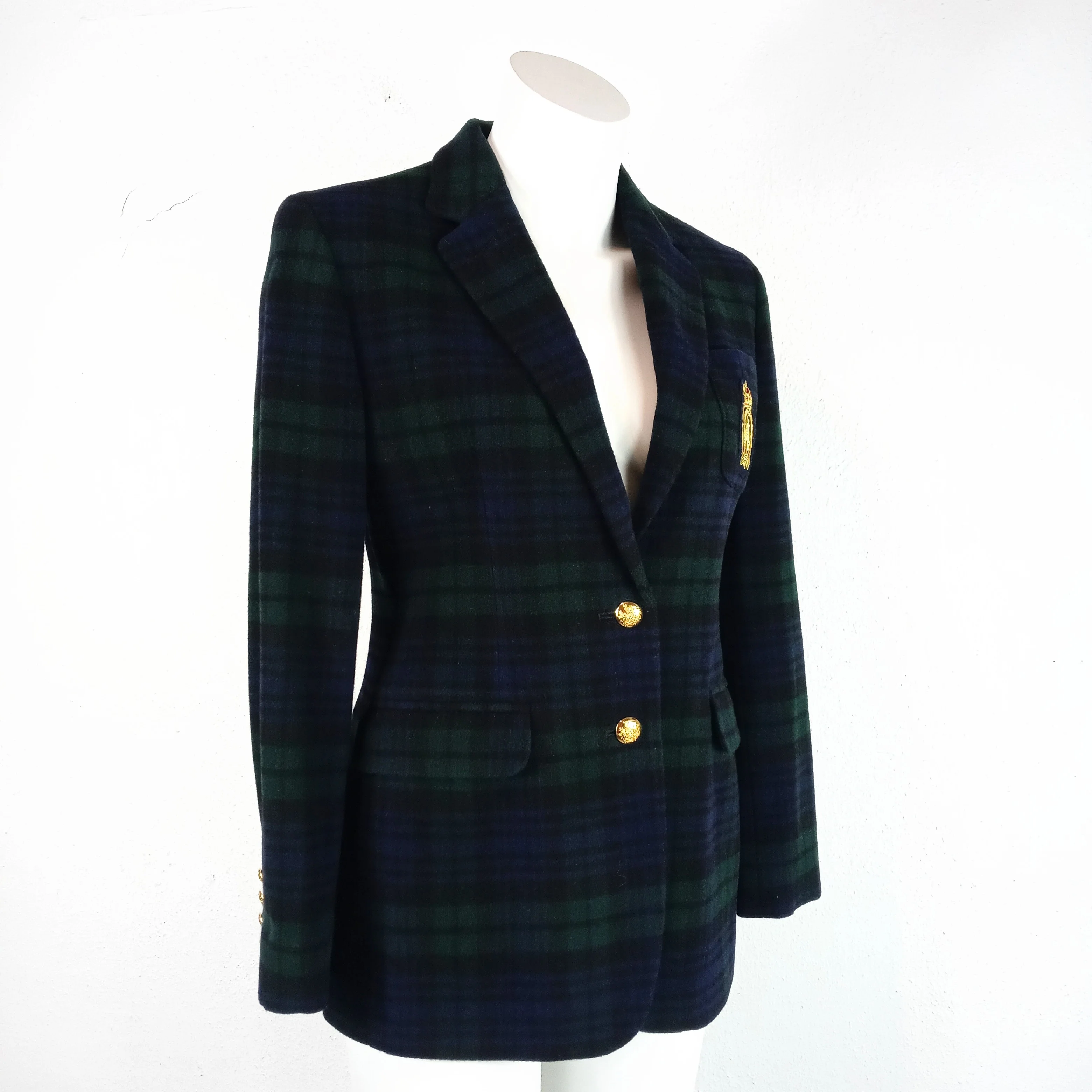 90s Black Watch Plaid Crest Pocket Cashmere Blazer By Ralph Lauren - Image 3