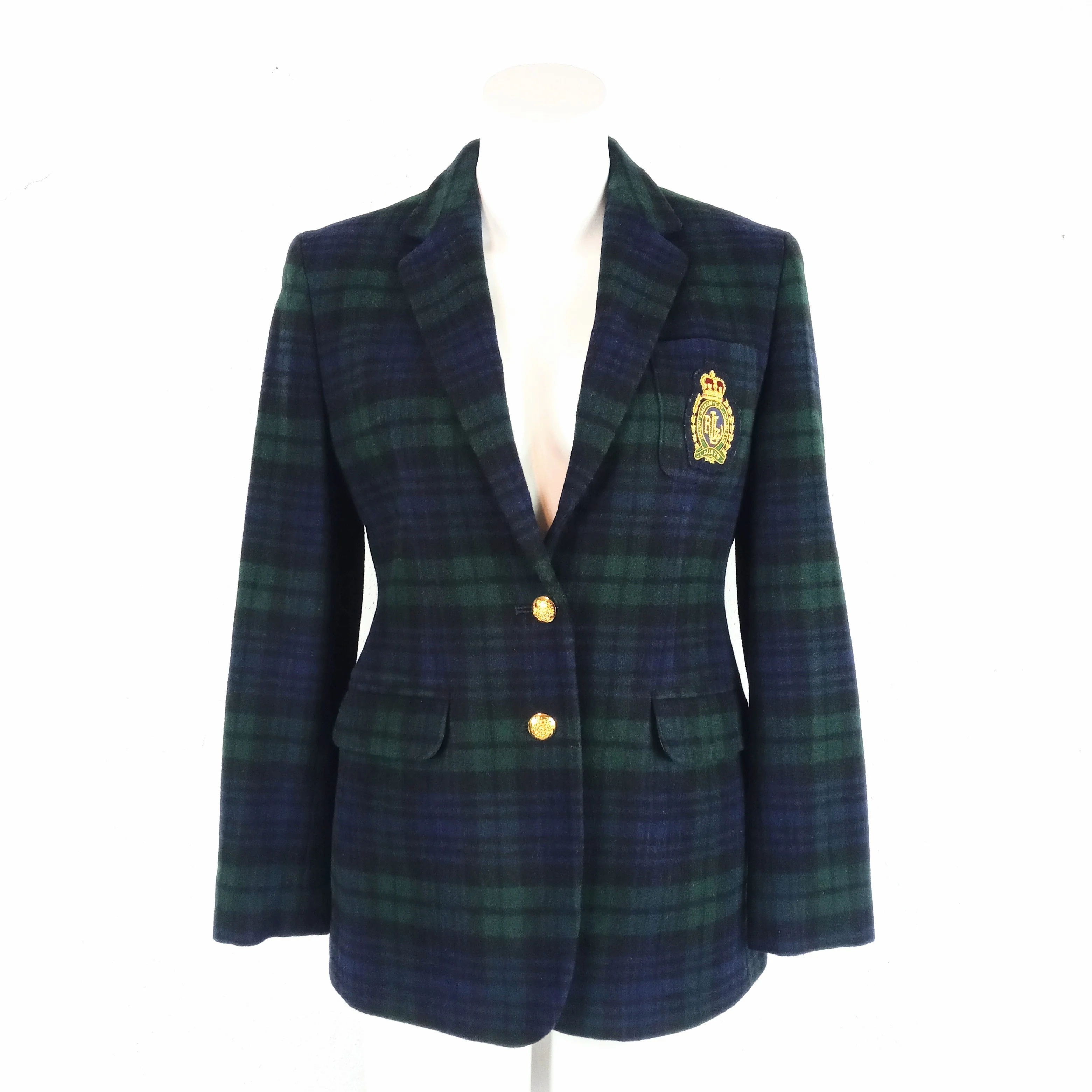 90s Black Watch Plaid Crest Pocket Cashmere Blazer By Ralph Lauren - Image 4