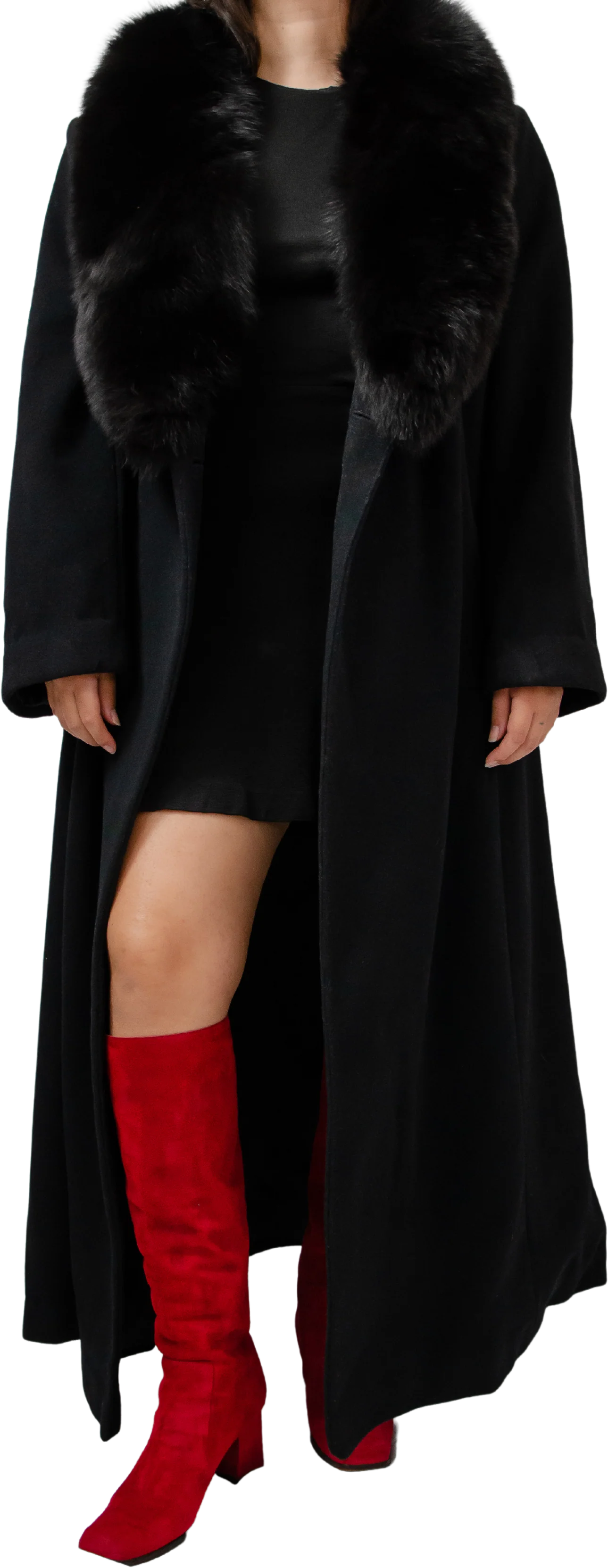 90s Black Wool Coat With Blue Fox Collar