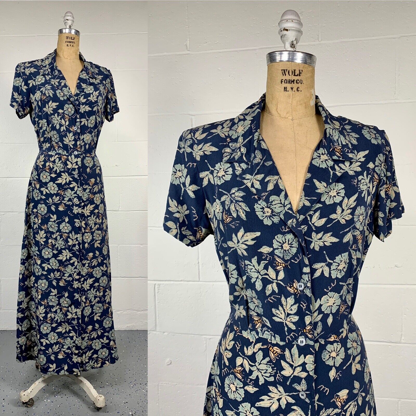 90s Blue Bumble Honey Bee Floral Silk Maxi Shirt Dress By The Territory Ahead - Image 5