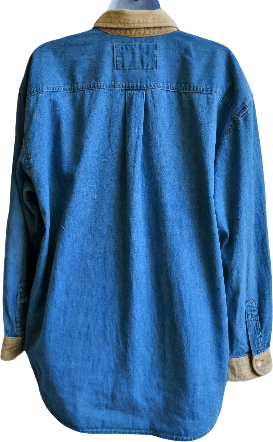 90s Blue Denim Shirt Ecru Corduroy Collar Cuffs L By Exp - Image 2
