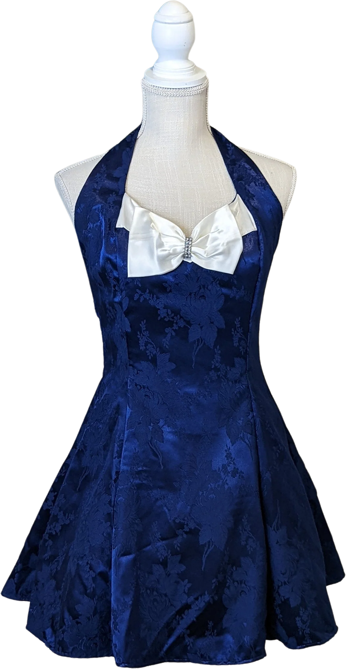 90s Blue Jacquard Mini Dress with White Bow and Crinoline | Halter by LA Glo