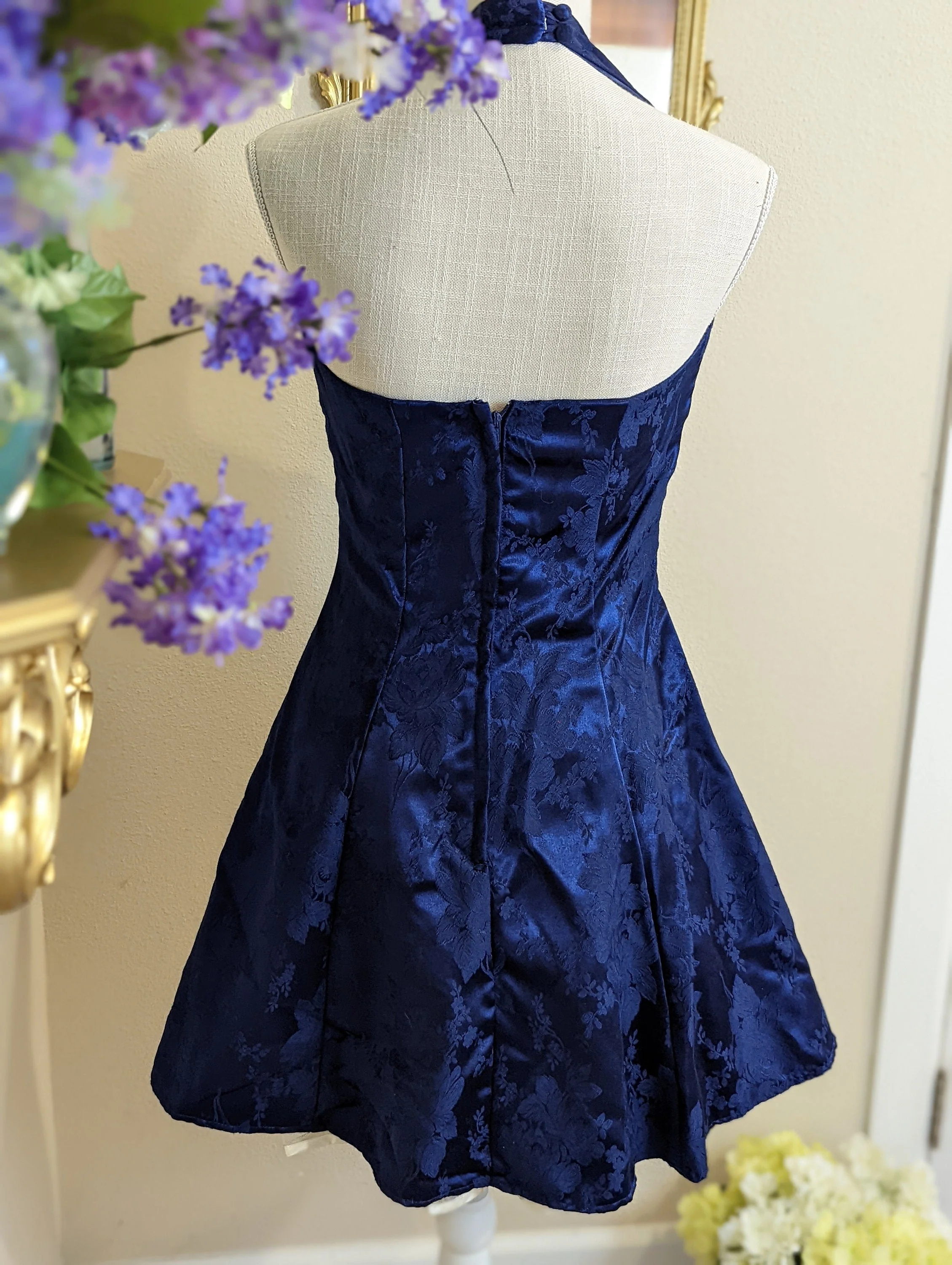 90s Blue Jacquard Mini Dress with White Bow and Crinoline | Halter by LA Glo - Image 2
