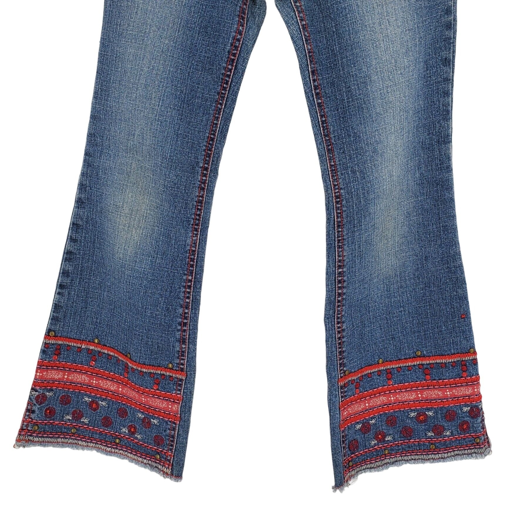 90s Blue Ramie Blend Embroidered Flare Jeans By Bongo - Image 4