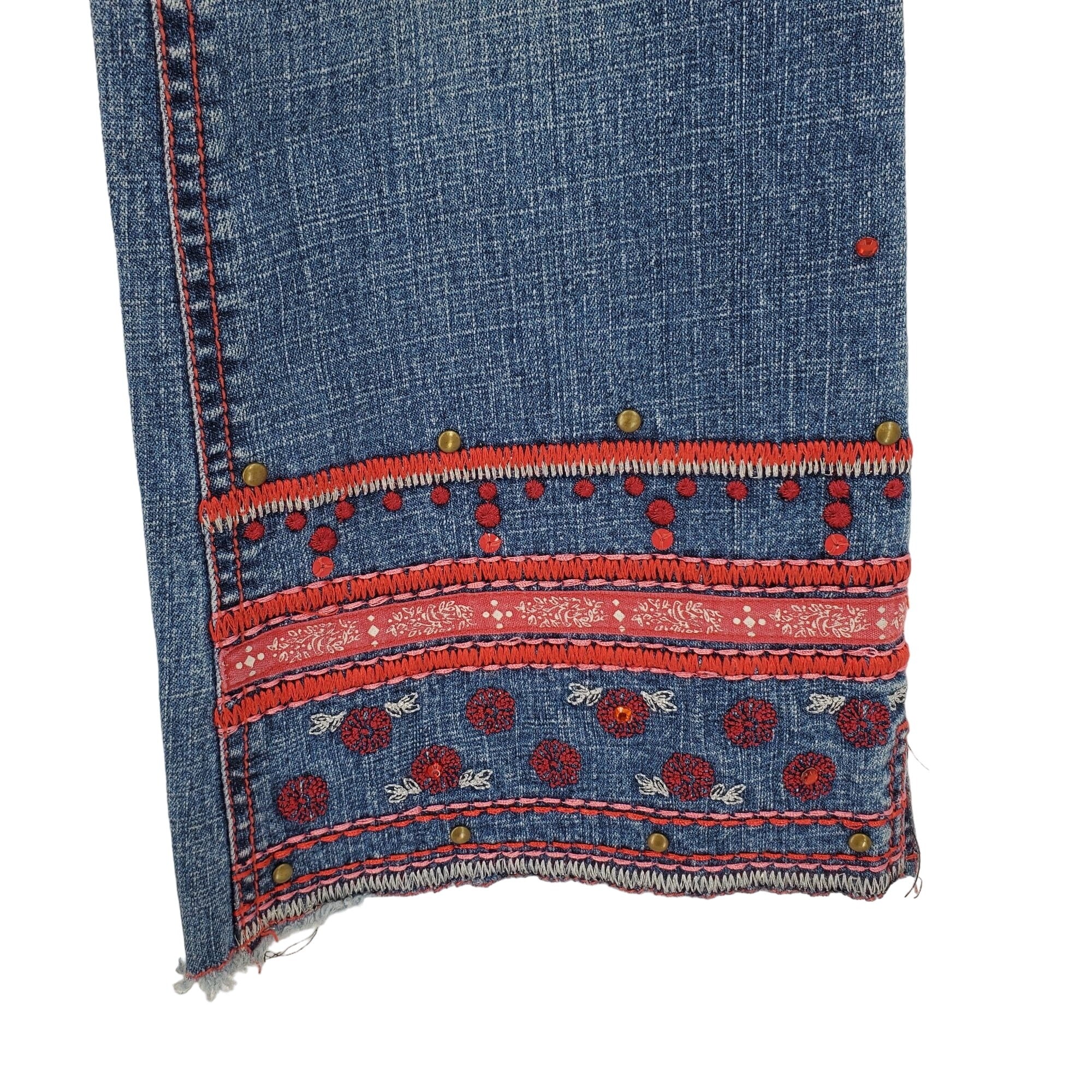 90s Blue Ramie Blend Embroidered Flare Jeans By Bongo - Image 5