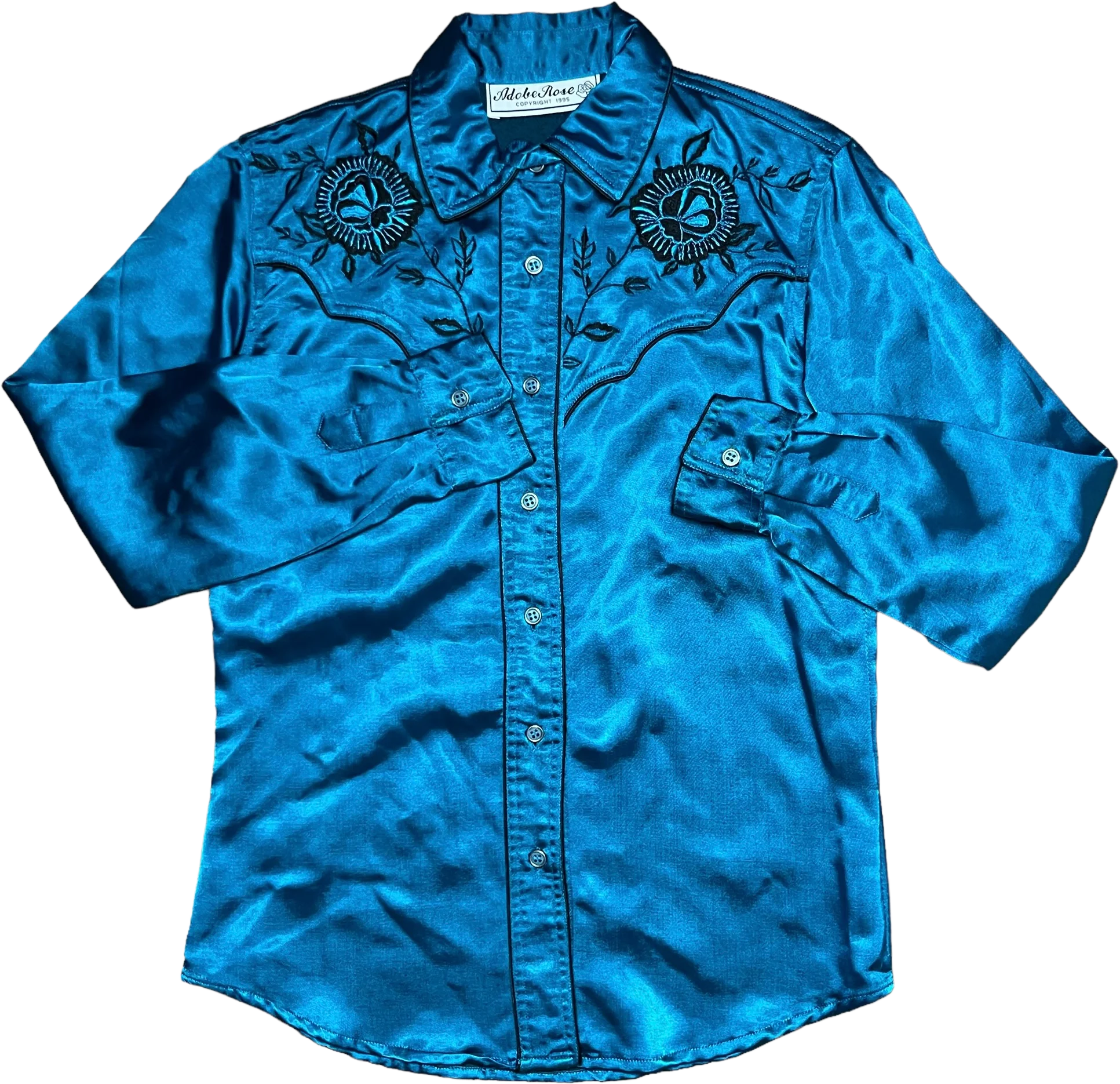 90s Blue Satin Western Cowboy Embroidered Top By Adobe Rose