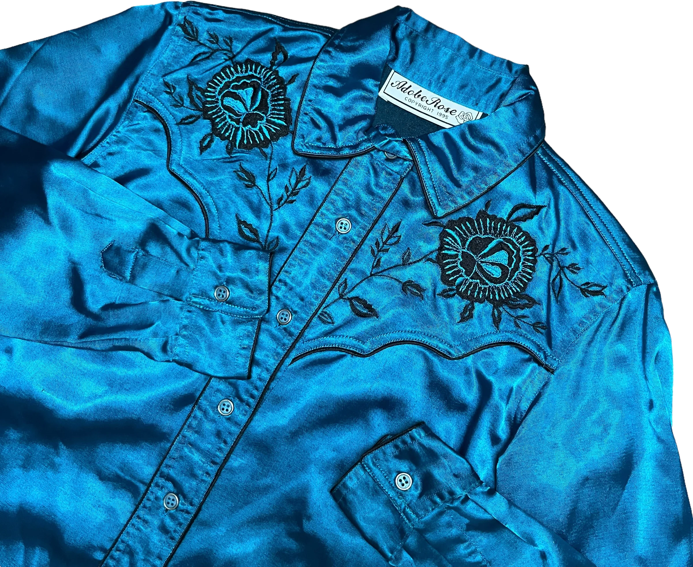 90s Blue Satin Western Cowboy Embroidered Top By Adobe Rose - Image 2