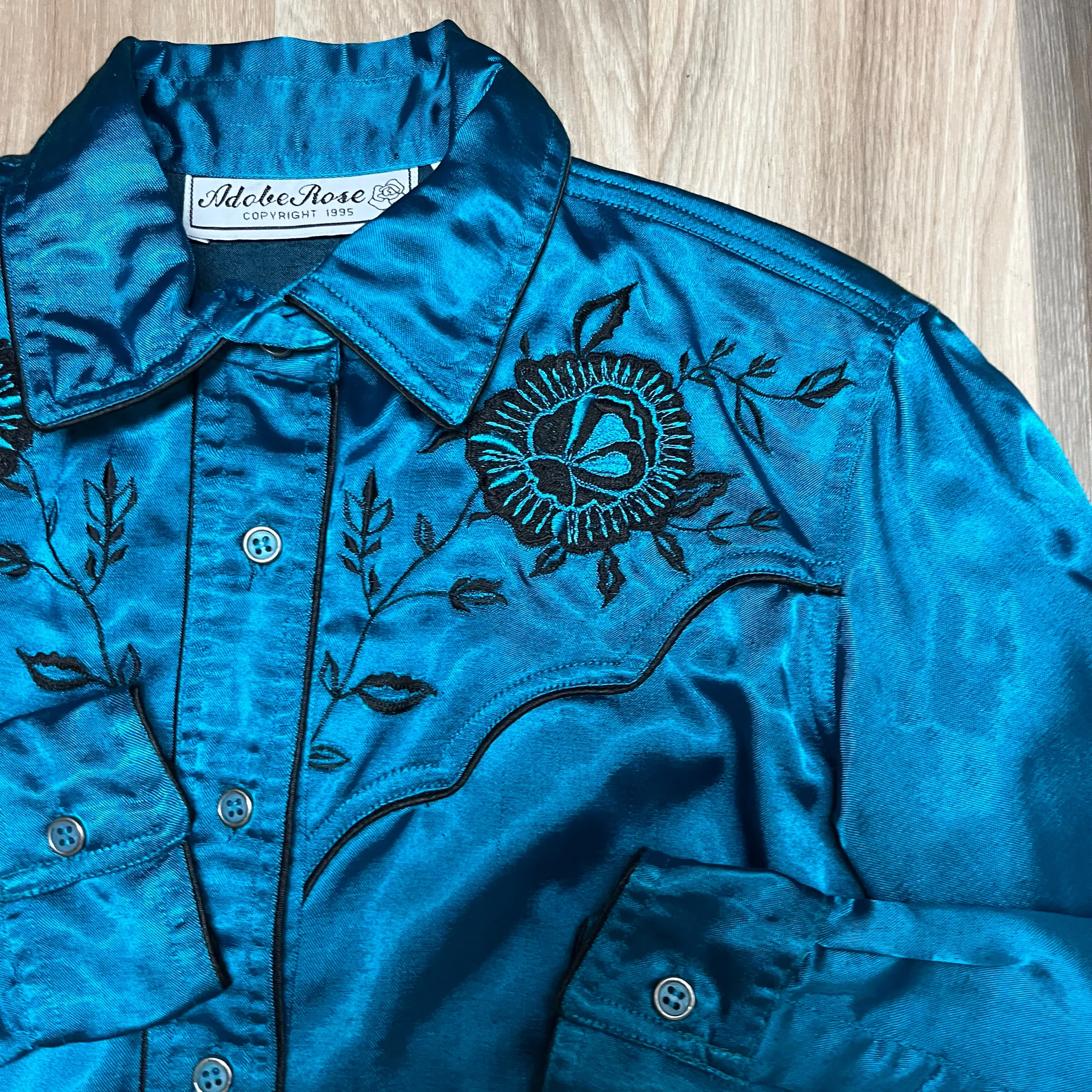 90s Blue Satin Western Cowboy Embroidered Top By Adobe Rose - Image 3