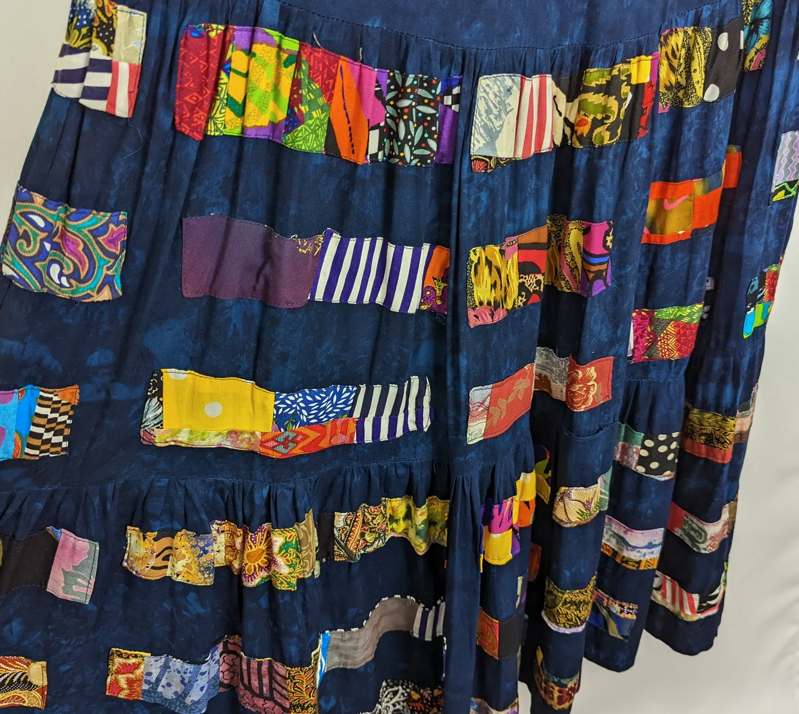 90s Blue Tie Dye Patchwork Tiered Maxi Skirt By Nativewear Designs - Image 4