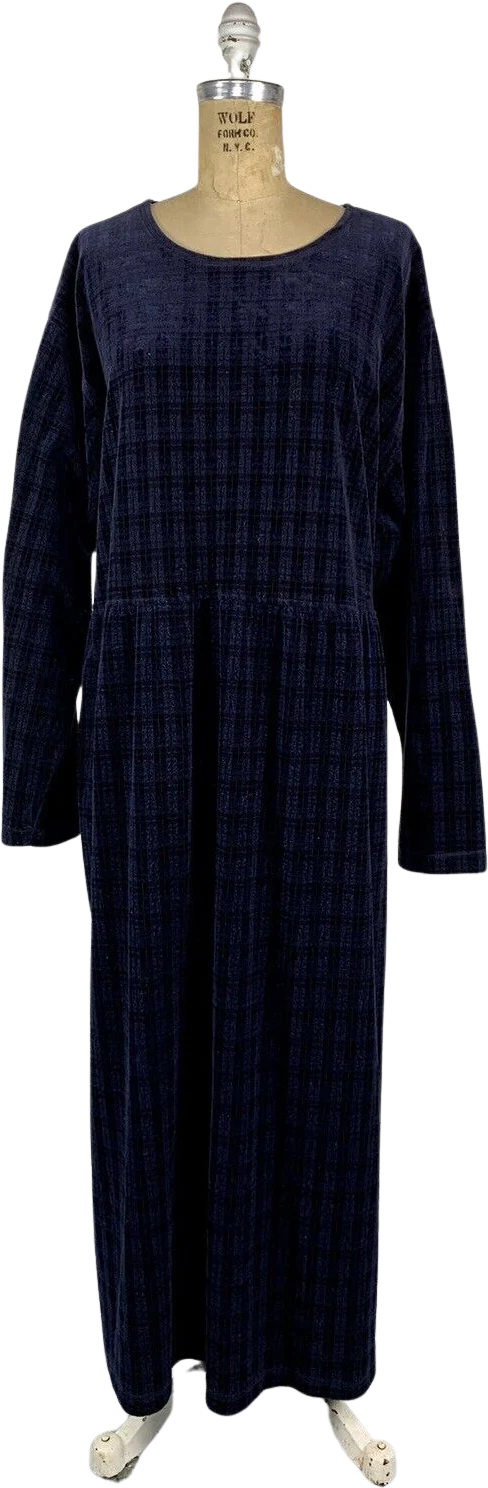 90s Blue Velour Plaid Long Sleeve Empire Waist Dress