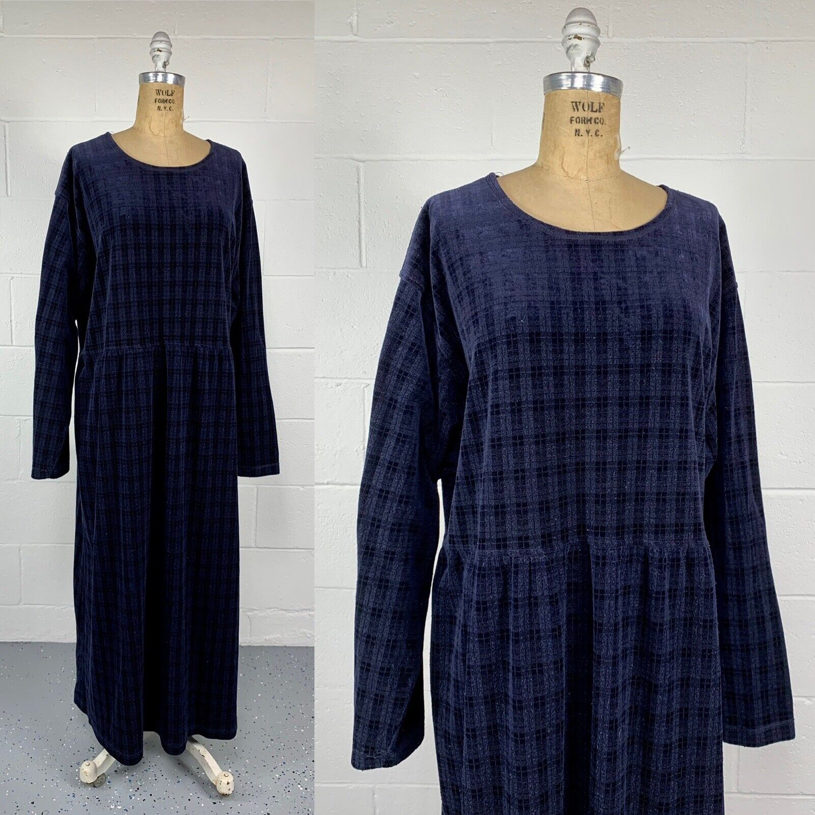 90s Blue Velour Plaid Long Sleeve Empire Waist Dress - Image 5