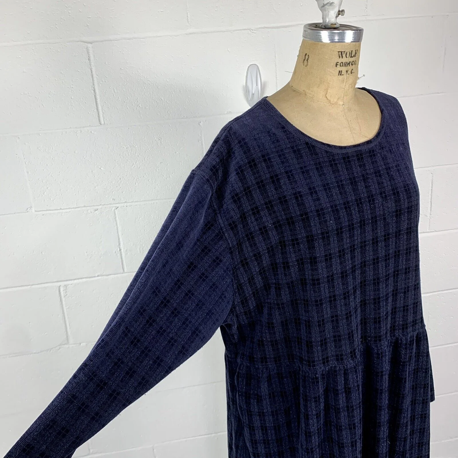 90s Blue Velour Plaid Long Sleeve Empire Waist Dress - Image 7