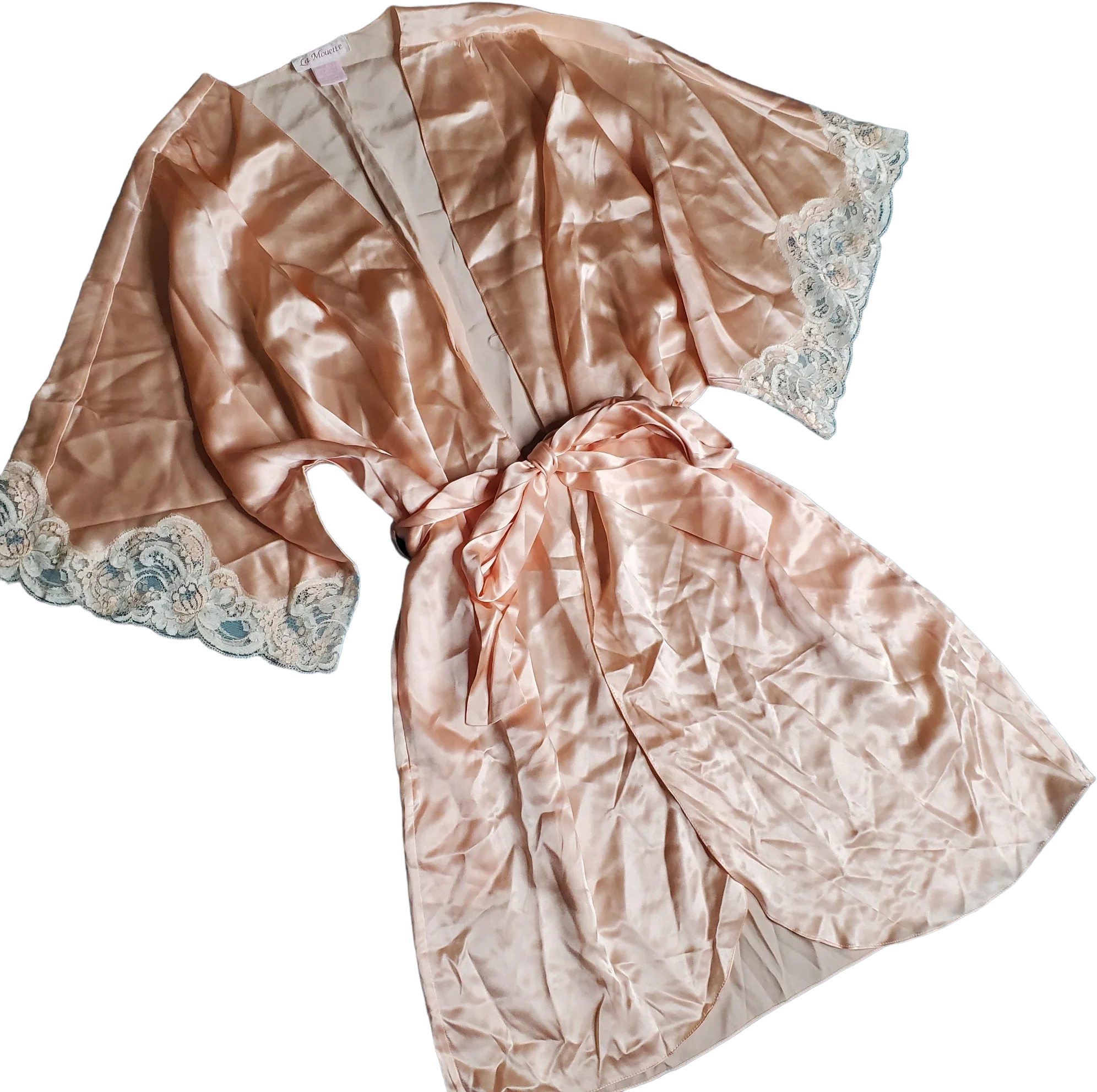 90s Blush Pink 100% Silk Lace Trim Dressing Robe By La Mouette