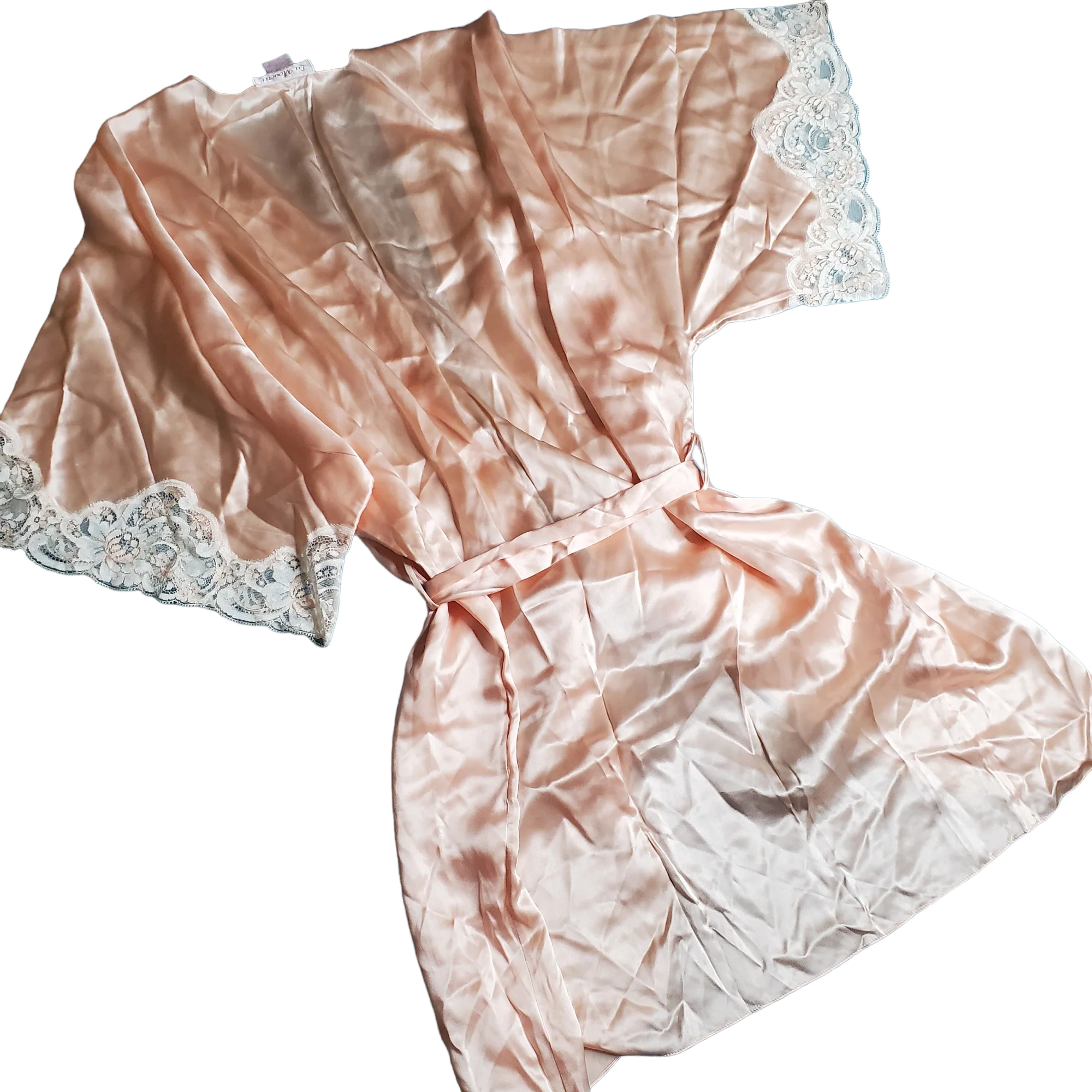90s Blush Pink 100% Silk Lace Trim Dressing Robe By La Mouette - Image 2