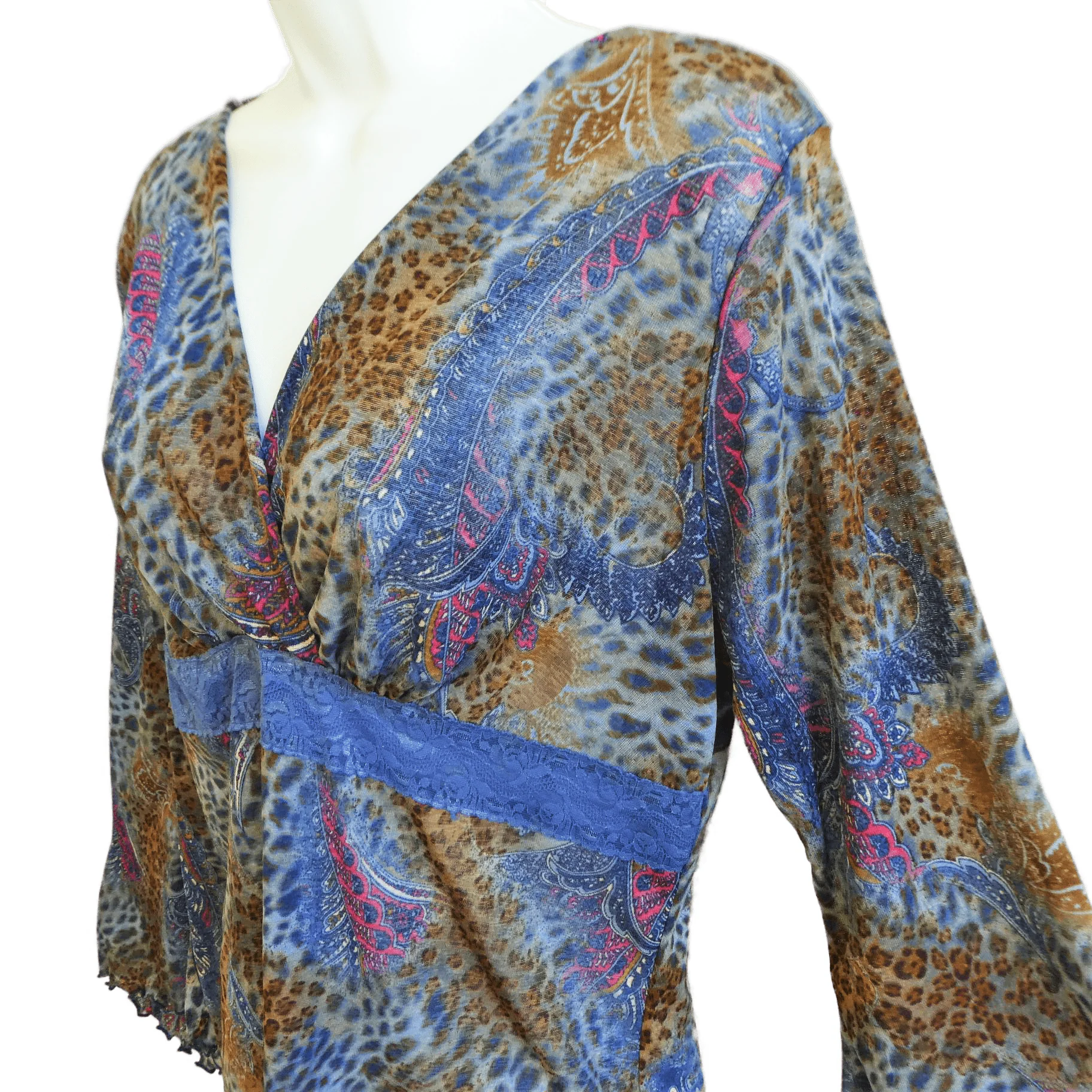 90s Boho Nylon Mesh Surplice Top Lace Waist L By Toto - Image 4