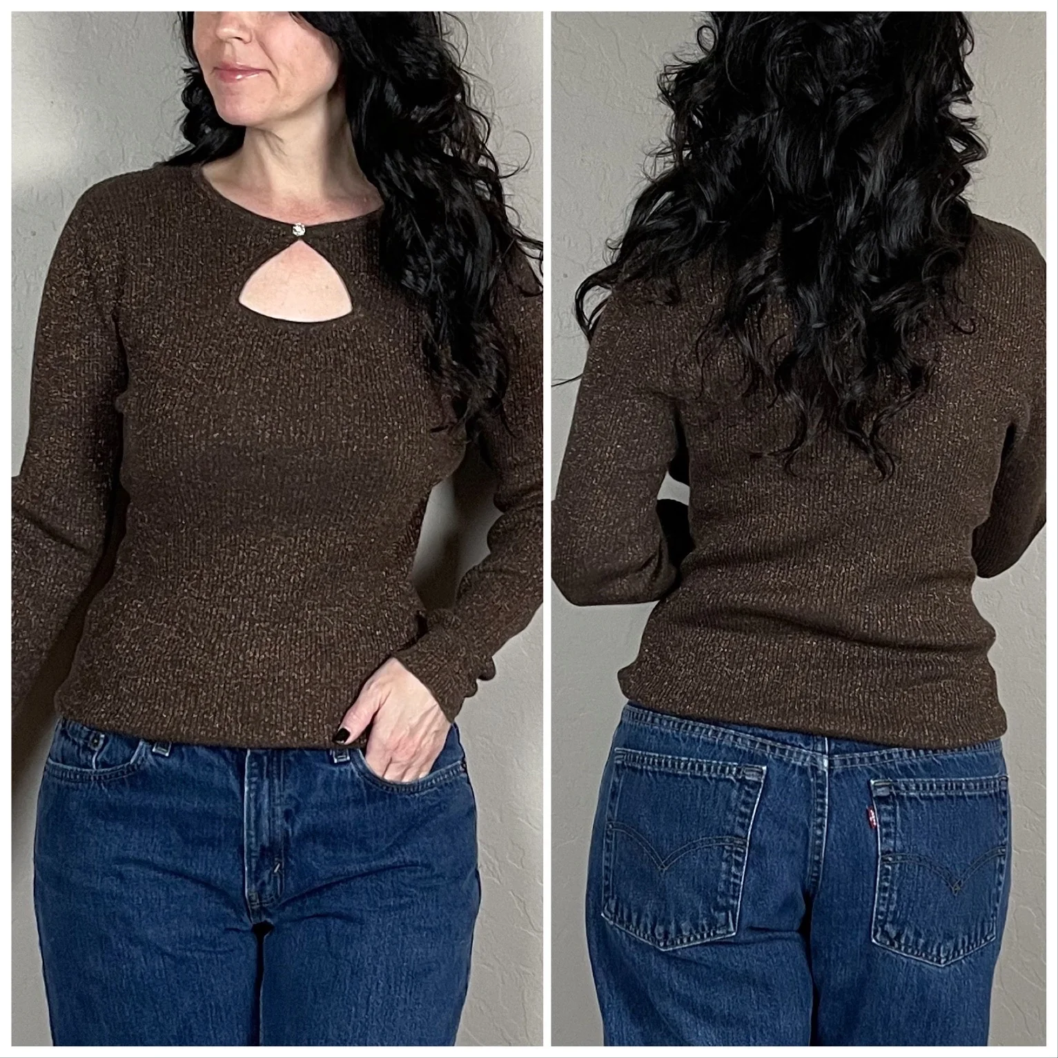 90s Brown Copper Lurex Rib Knit Keyhole Cutout Sweater By Kikit Studio - Image 4