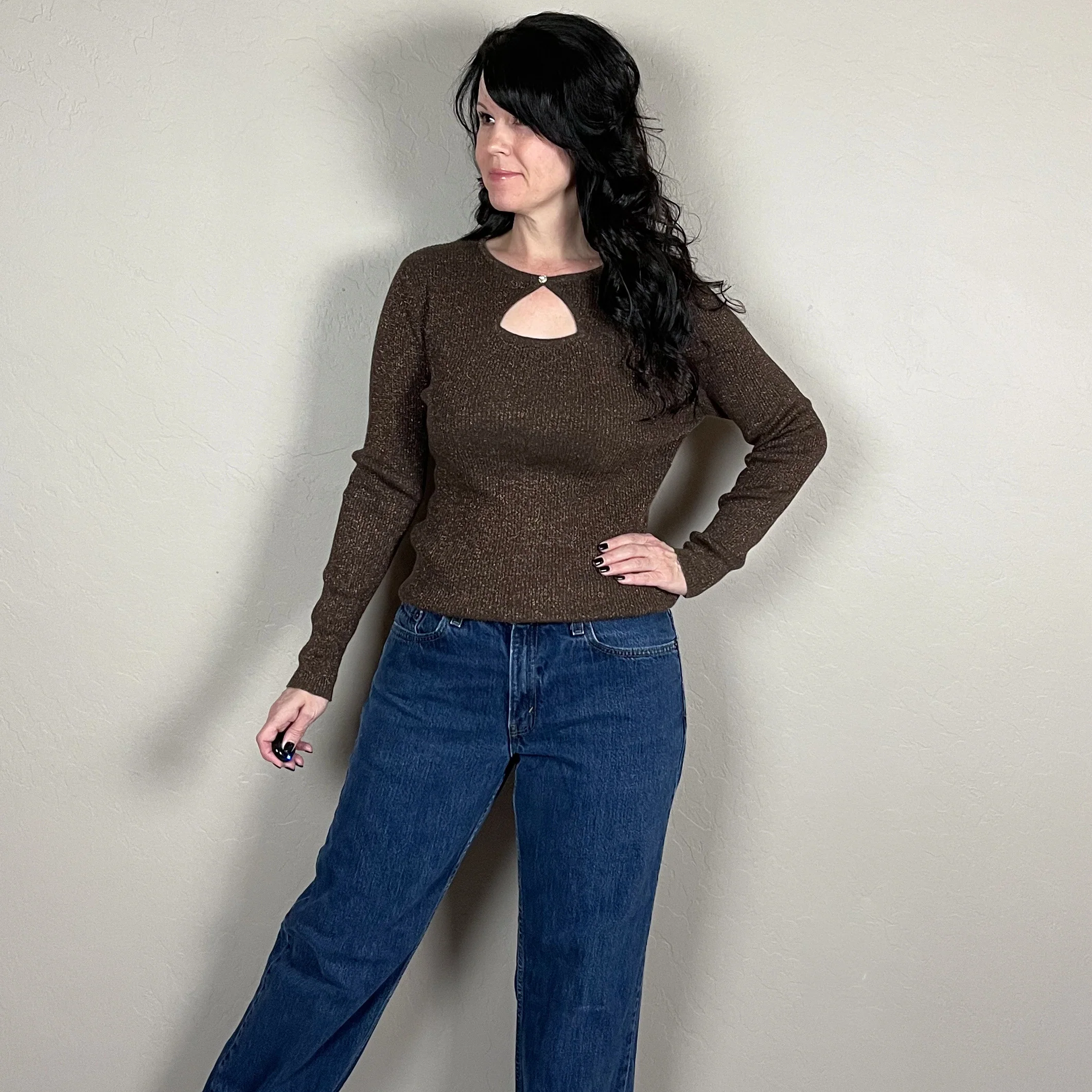 90s Brown Copper Lurex Rib Knit Keyhole Cutout Sweater By Kikit Studio - Image 5