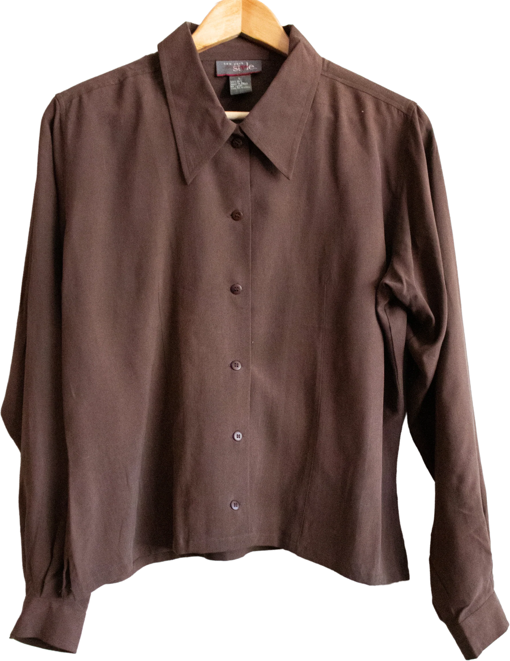 90s Brown Silk Button Up Blouse Medium Large