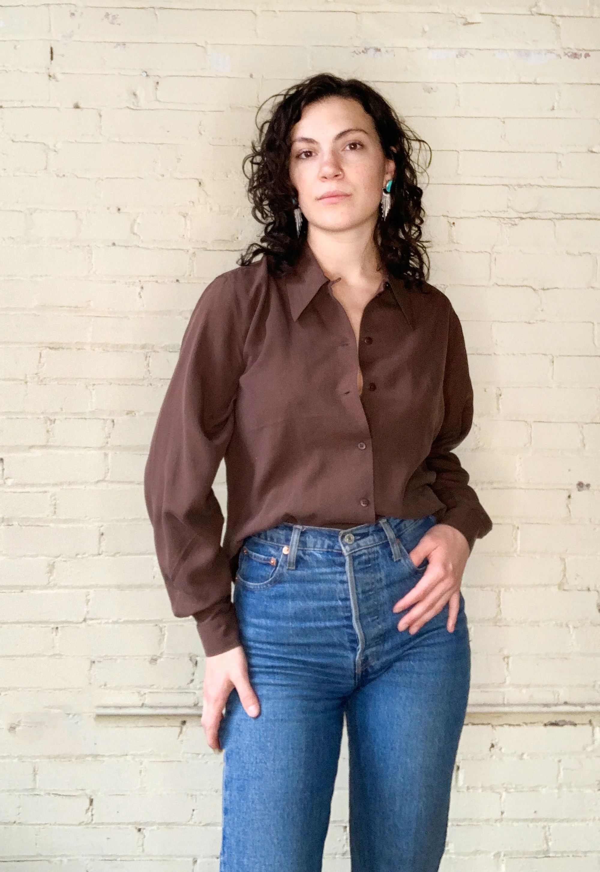 90s Brown Silk Button Up Blouse Medium Large - Image 9