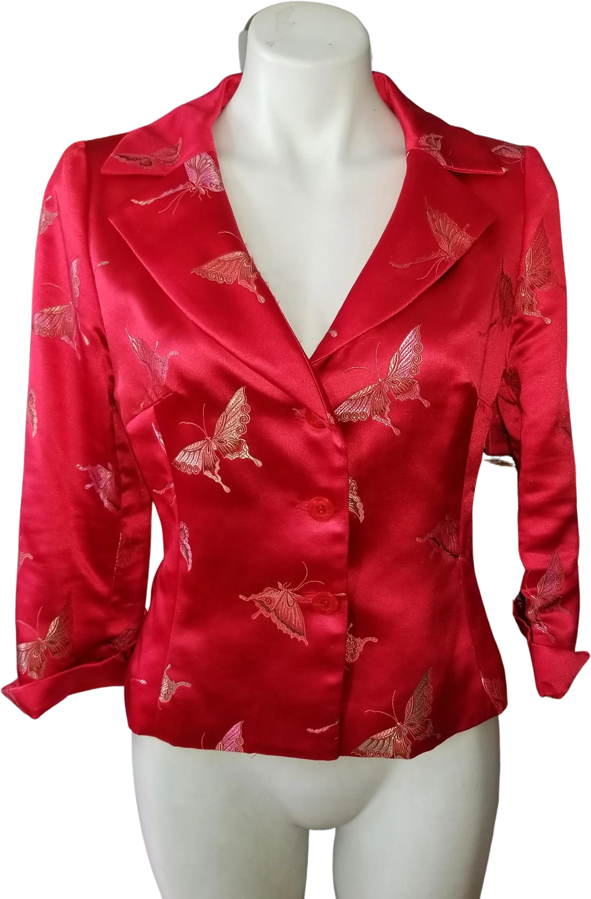 90s Butterfly Print Red Satin Brocade Blazer Jacket By Georgiou Studio