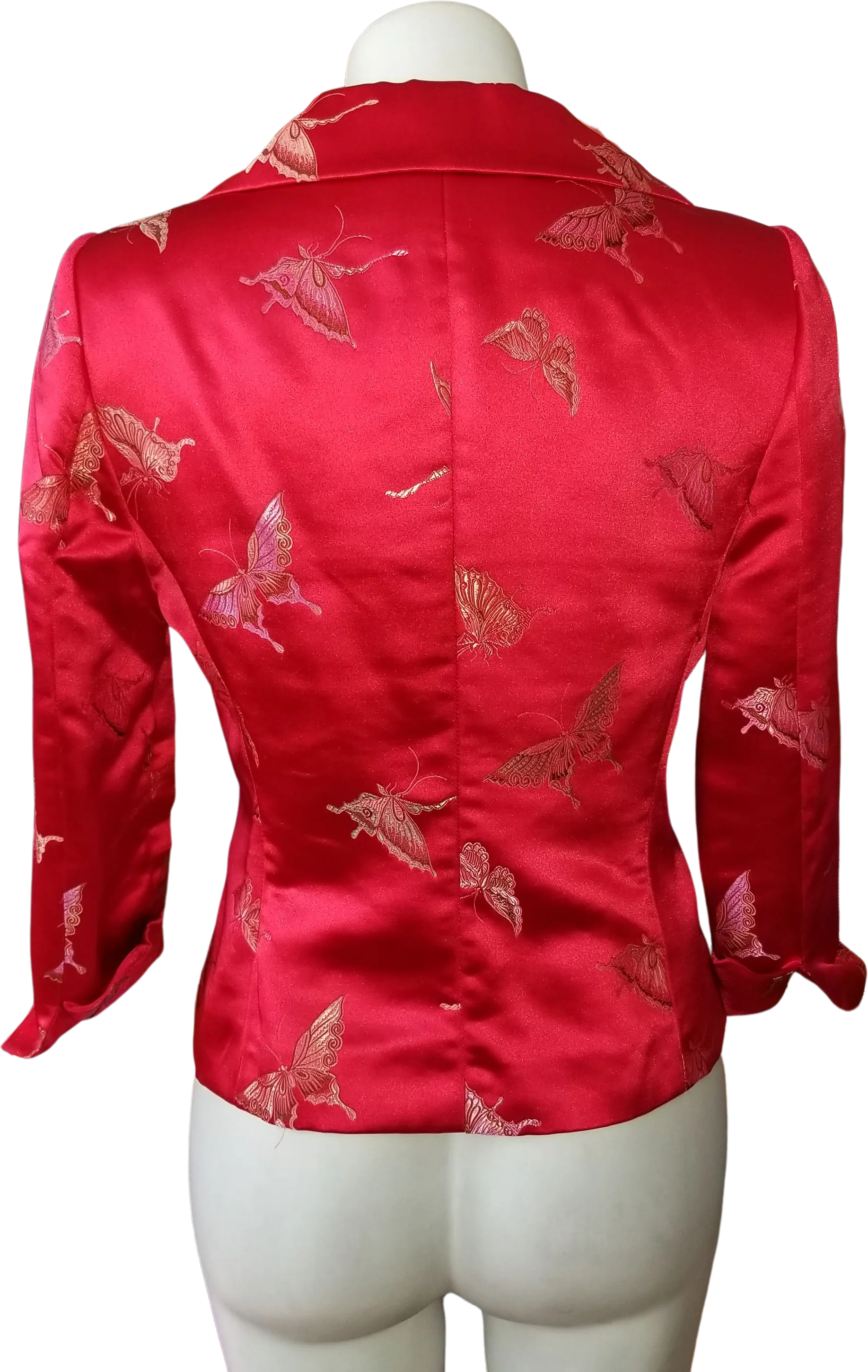90s Butterfly Print Red Satin Brocade Blazer Jacket By Georgiou Studio - Image 2