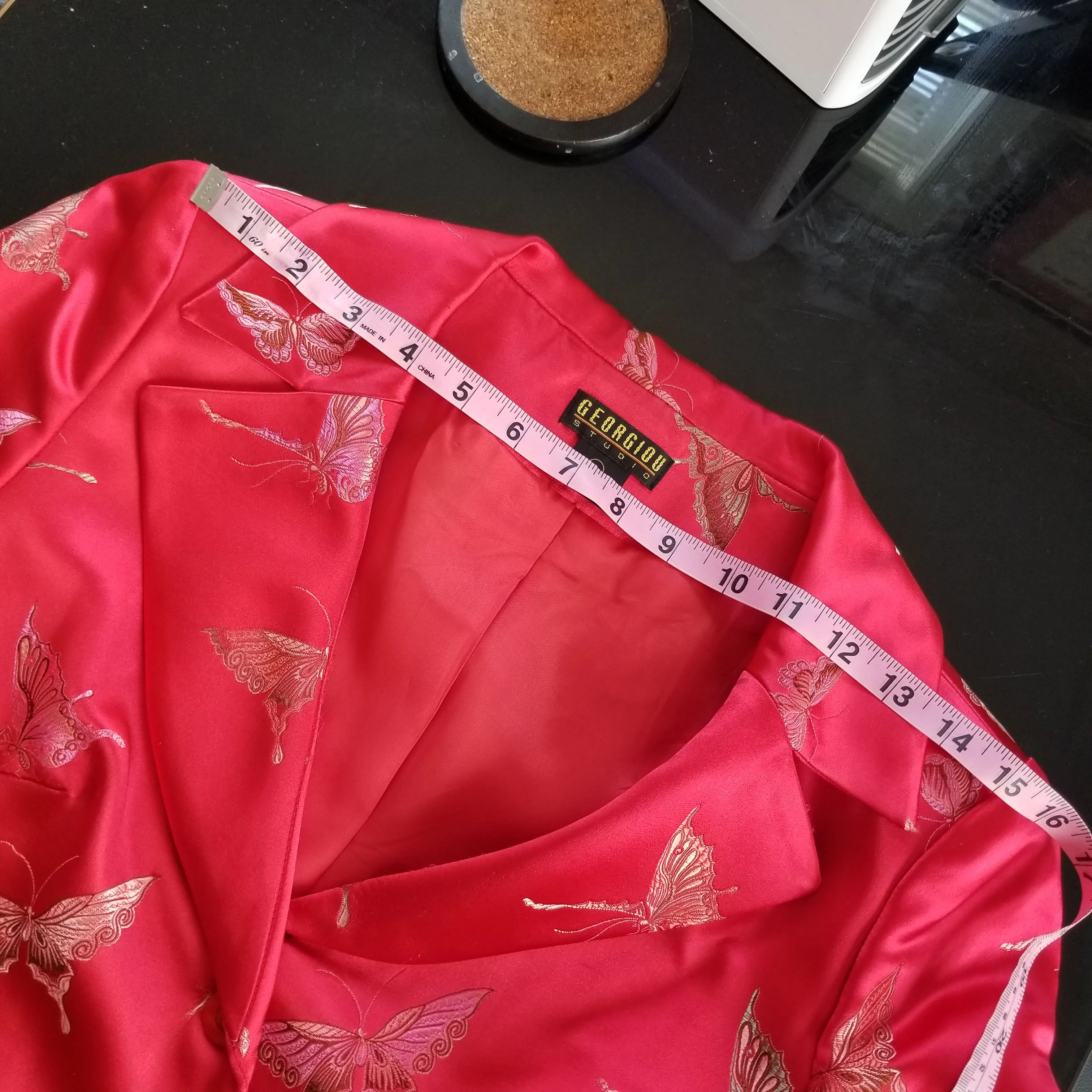 90s Butterfly Print Red Satin Brocade Blazer Jacket By Georgiou Studio - Image 5
