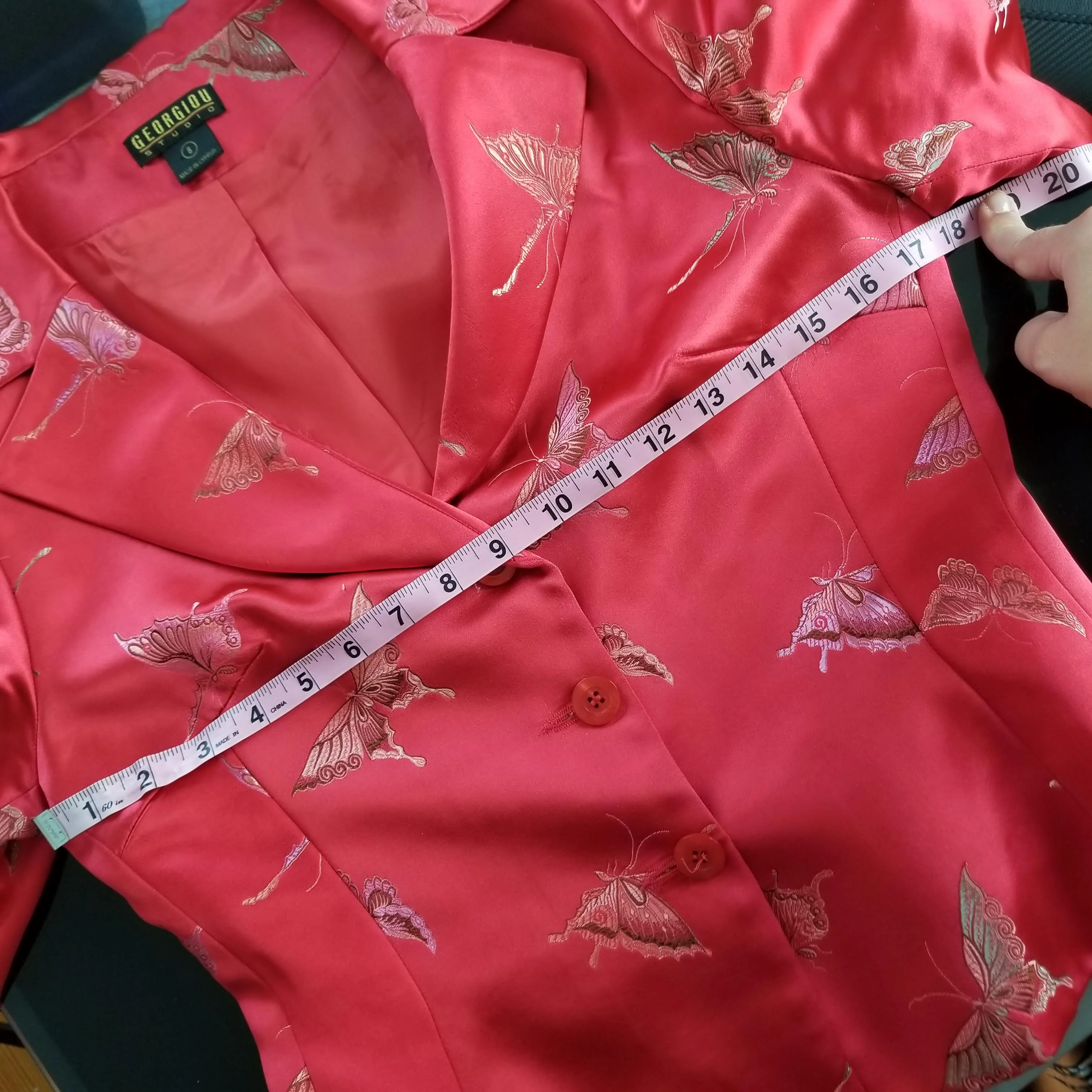 90s Butterfly Print Red Satin Brocade Blazer Jacket By Georgiou Studio - Image 6