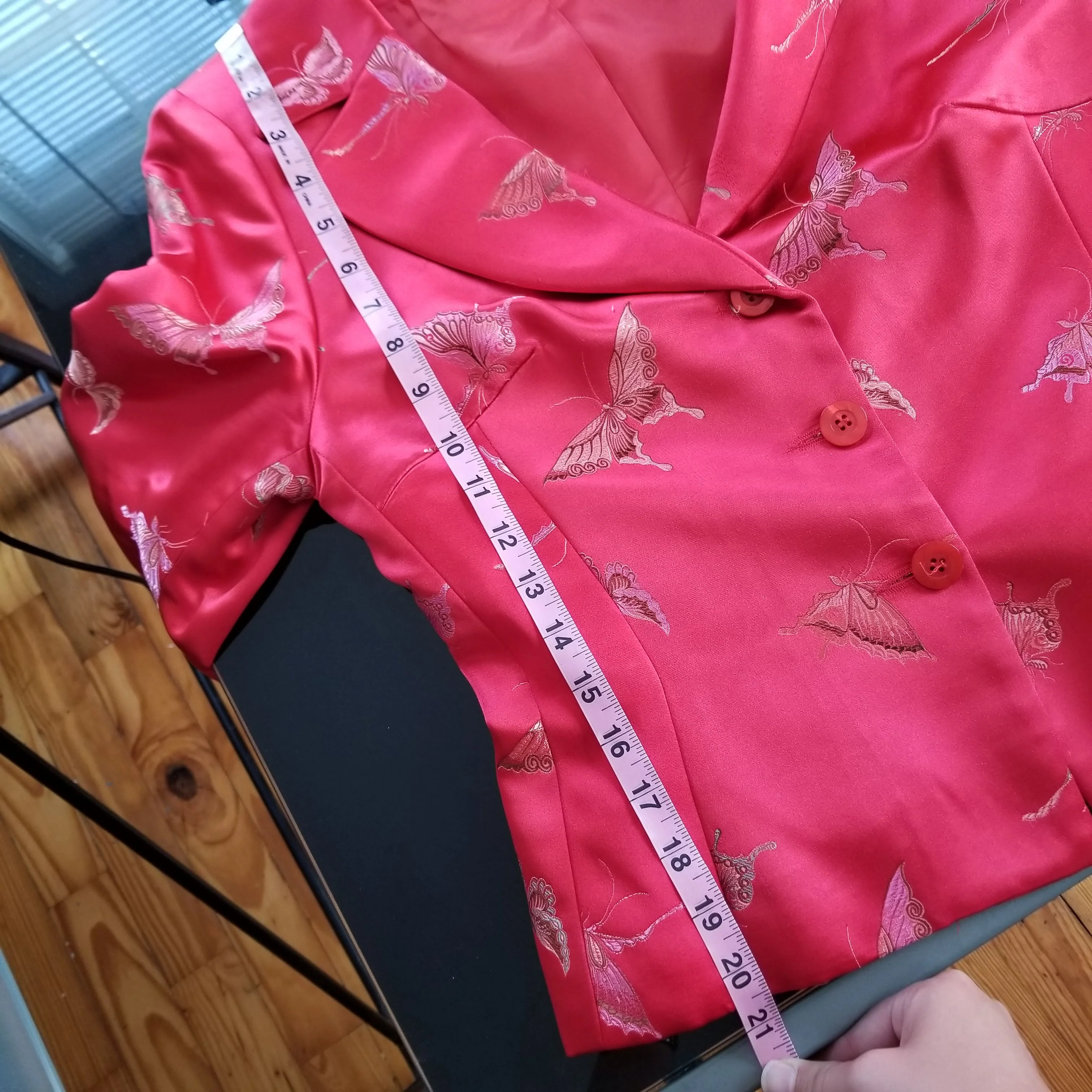 90s Butterfly Print Red Satin Brocade Blazer Jacket By Georgiou Studio - Image 8
