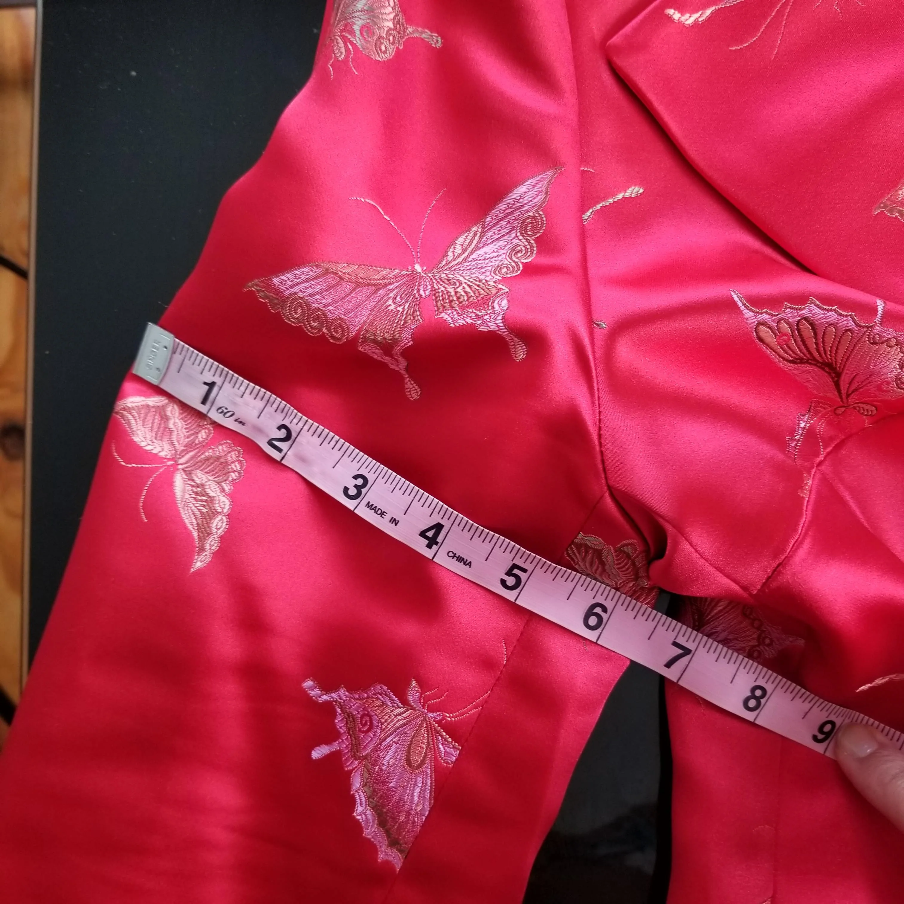 90s Butterfly Print Red Satin Brocade Blazer Jacket By Georgiou Studio - Image 9