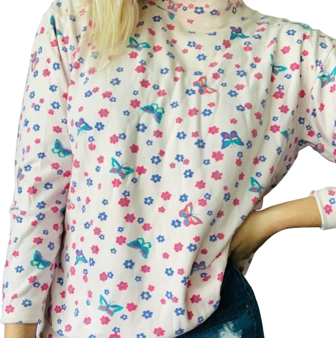 90s Butterfly Printed Long Sleeve Girly Turtleneck - Image 2