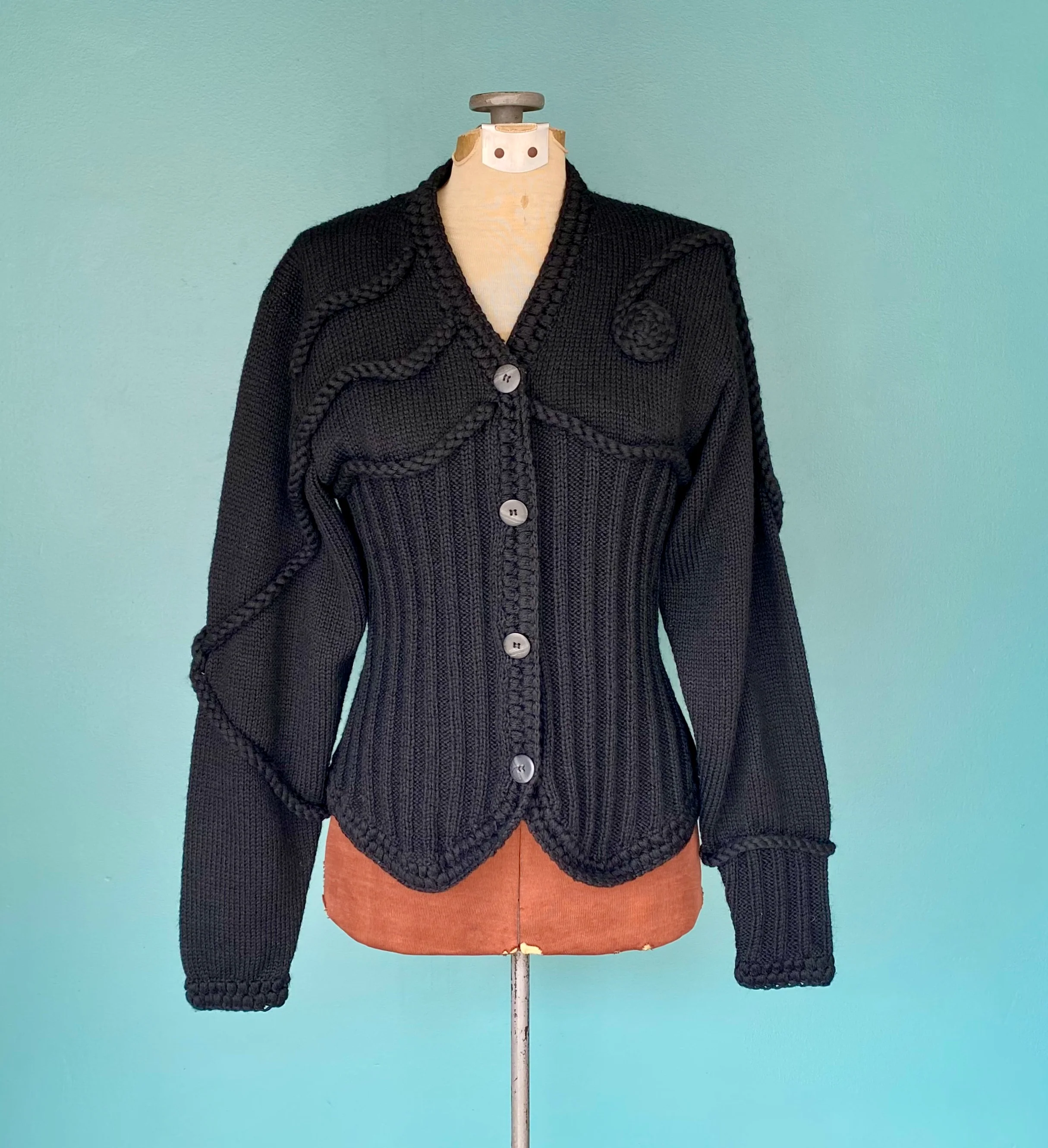 90s Cardigan Sweater Black Rope Button Up Sweater By Claude Z - Image 3
