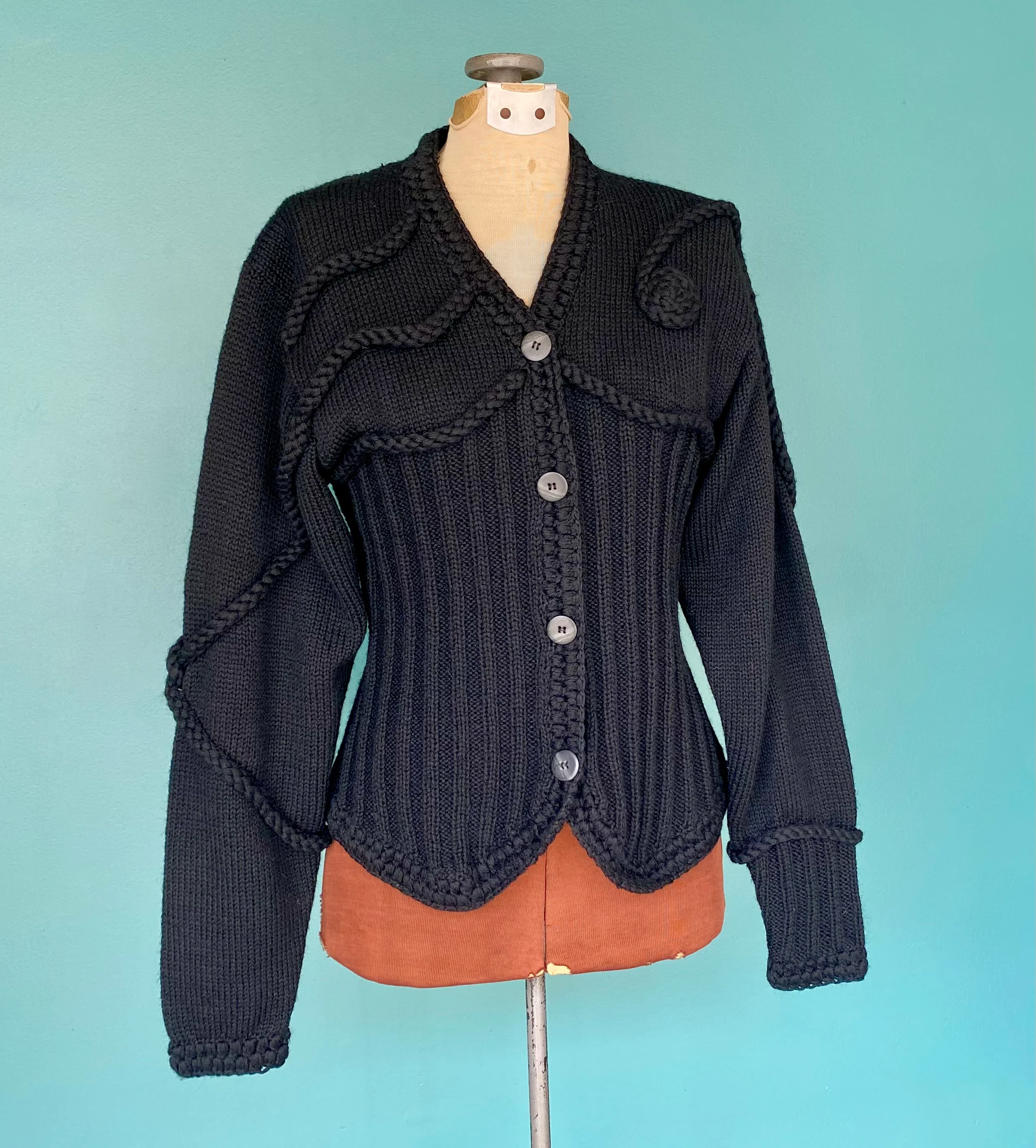 90s Cardigan Sweater Black Rope Button Up Sweater By Claude Z - Image 4