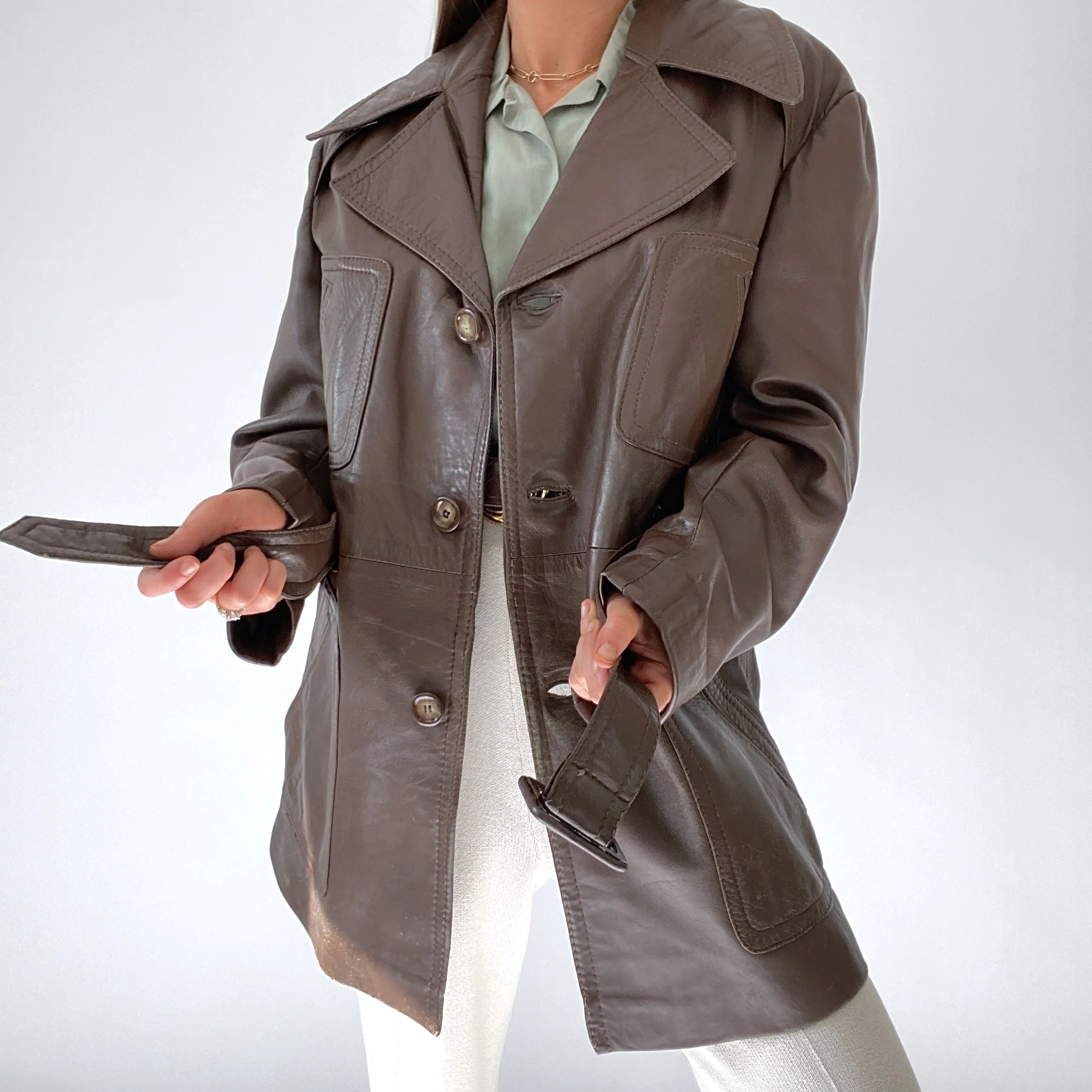 90s Chocolate Brown Leather Trench Coat - Image 5