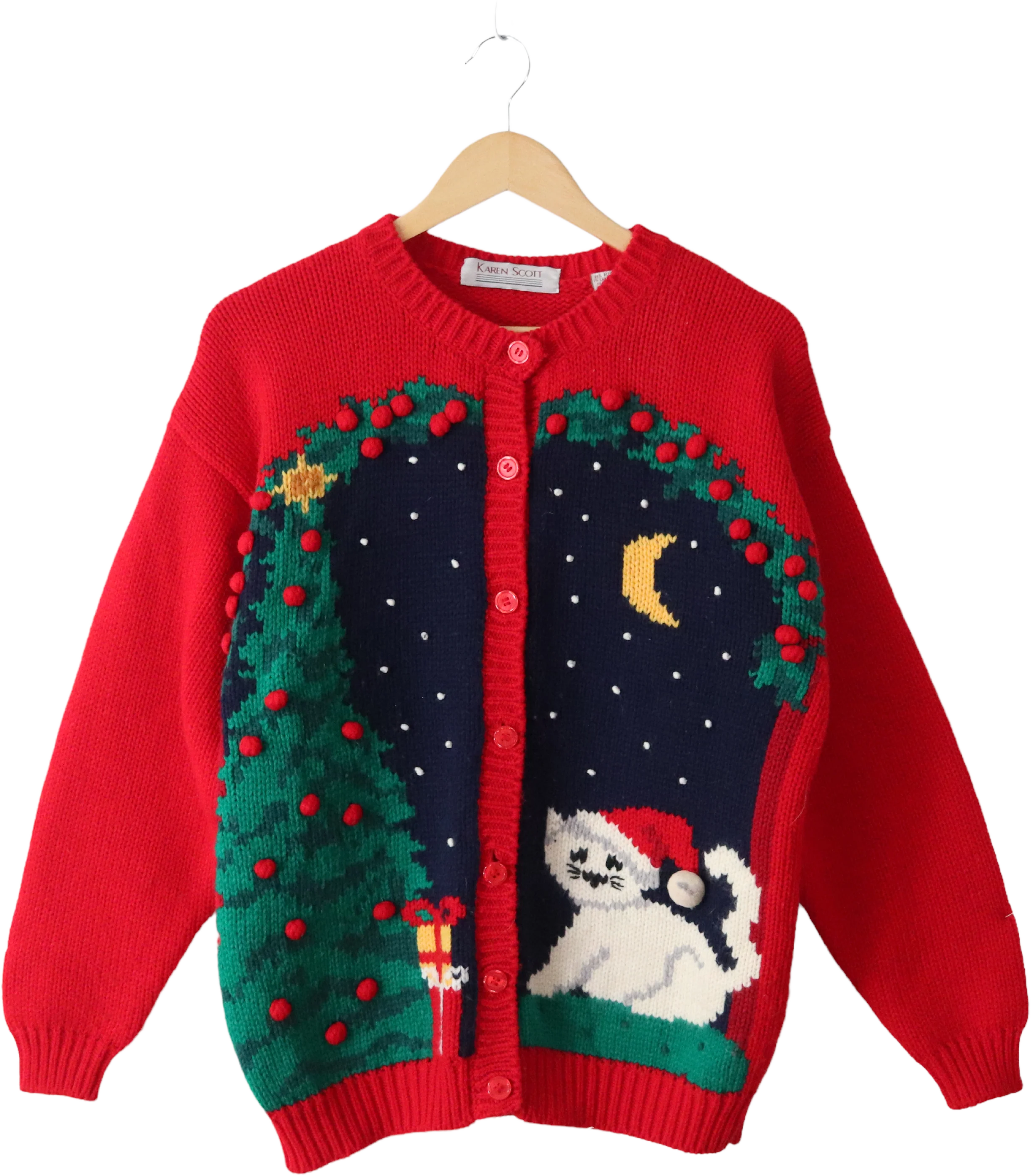 90s Christmas Cat Cardigan Sweater Xmas Holiday Santa By Karen Scott