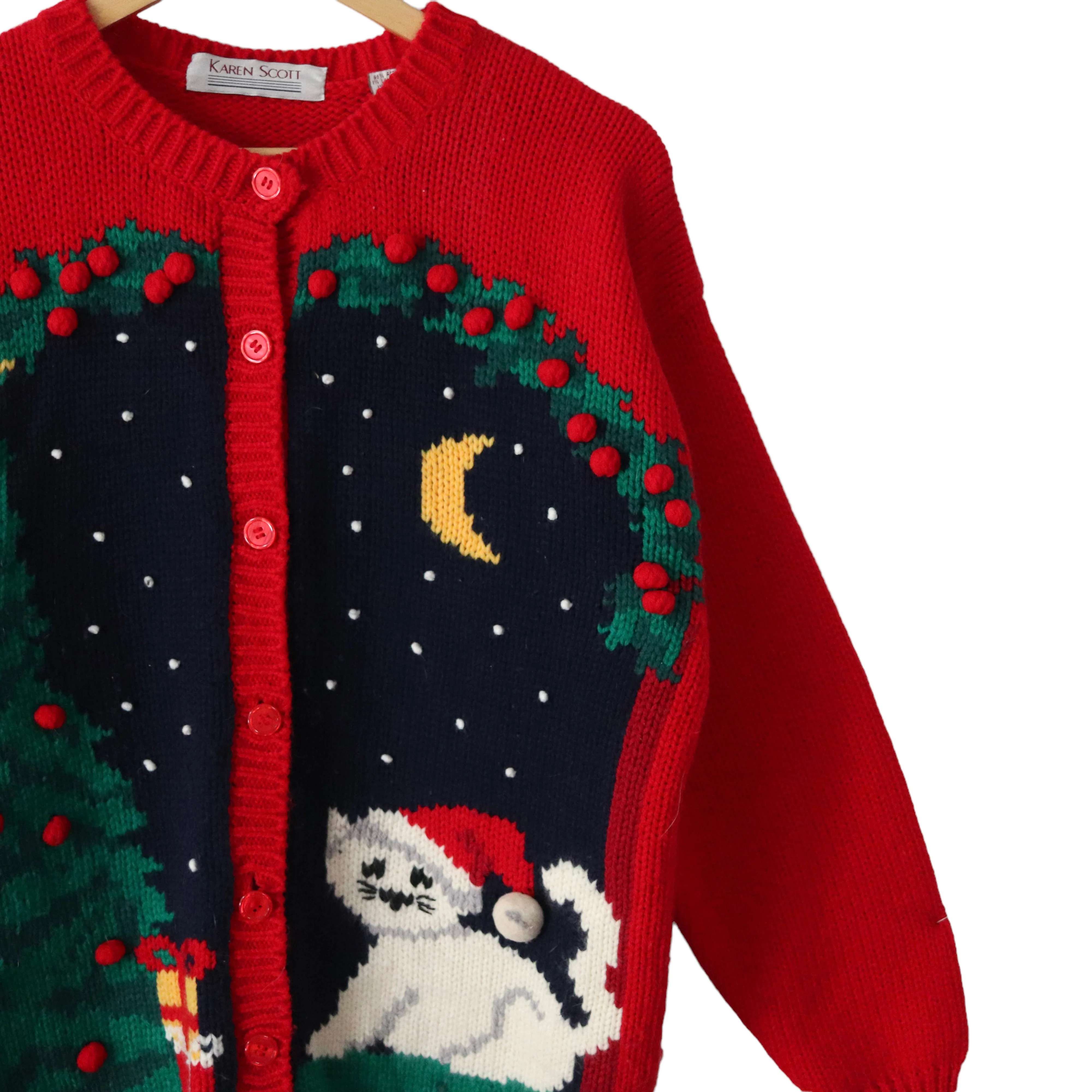 90s Christmas Cat Cardigan Sweater Xmas Holiday Santa By Karen Scott - Image 3