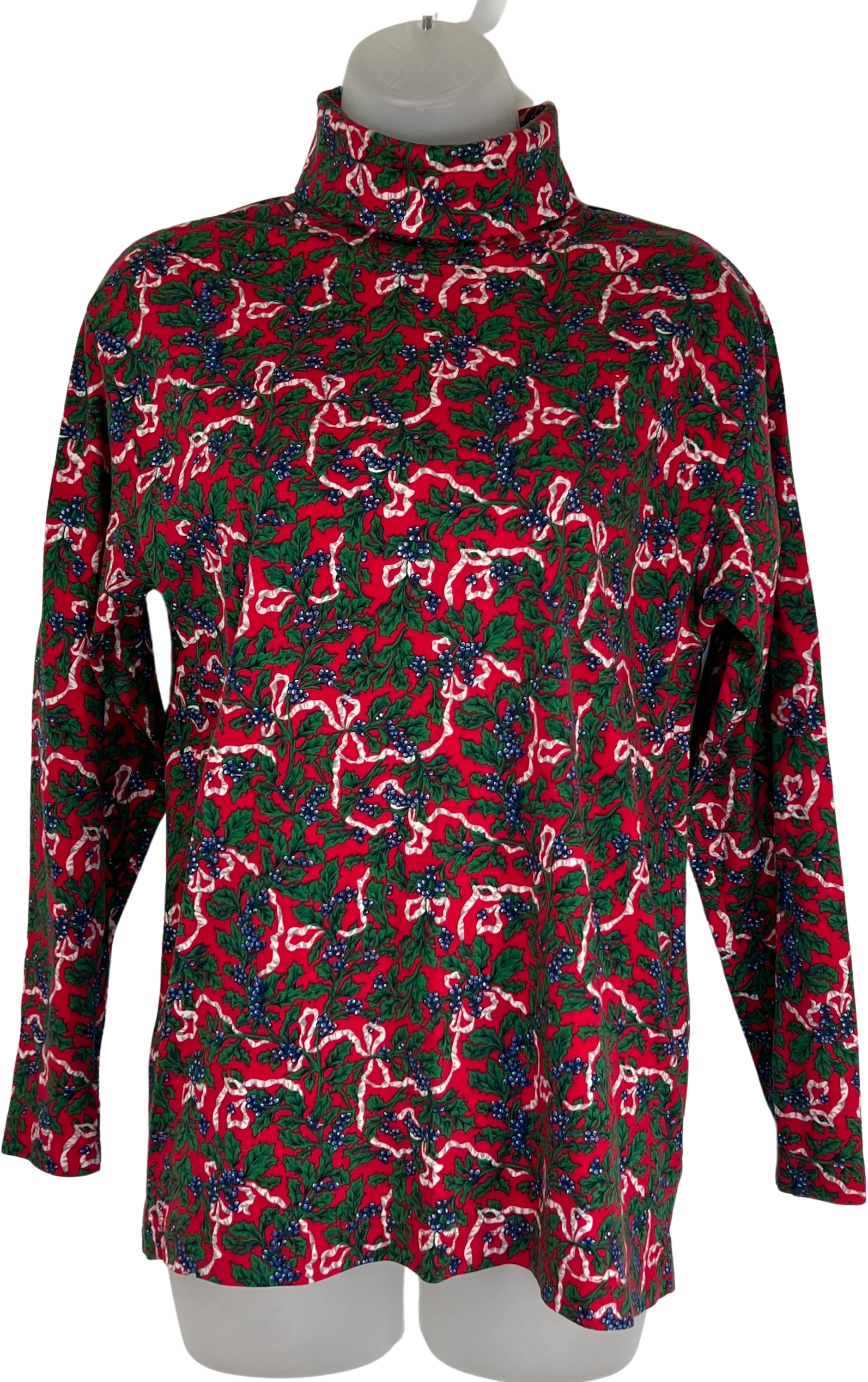 90s Christmas Holly Red Turtleneck Long Sleeve Top By Hunt Club