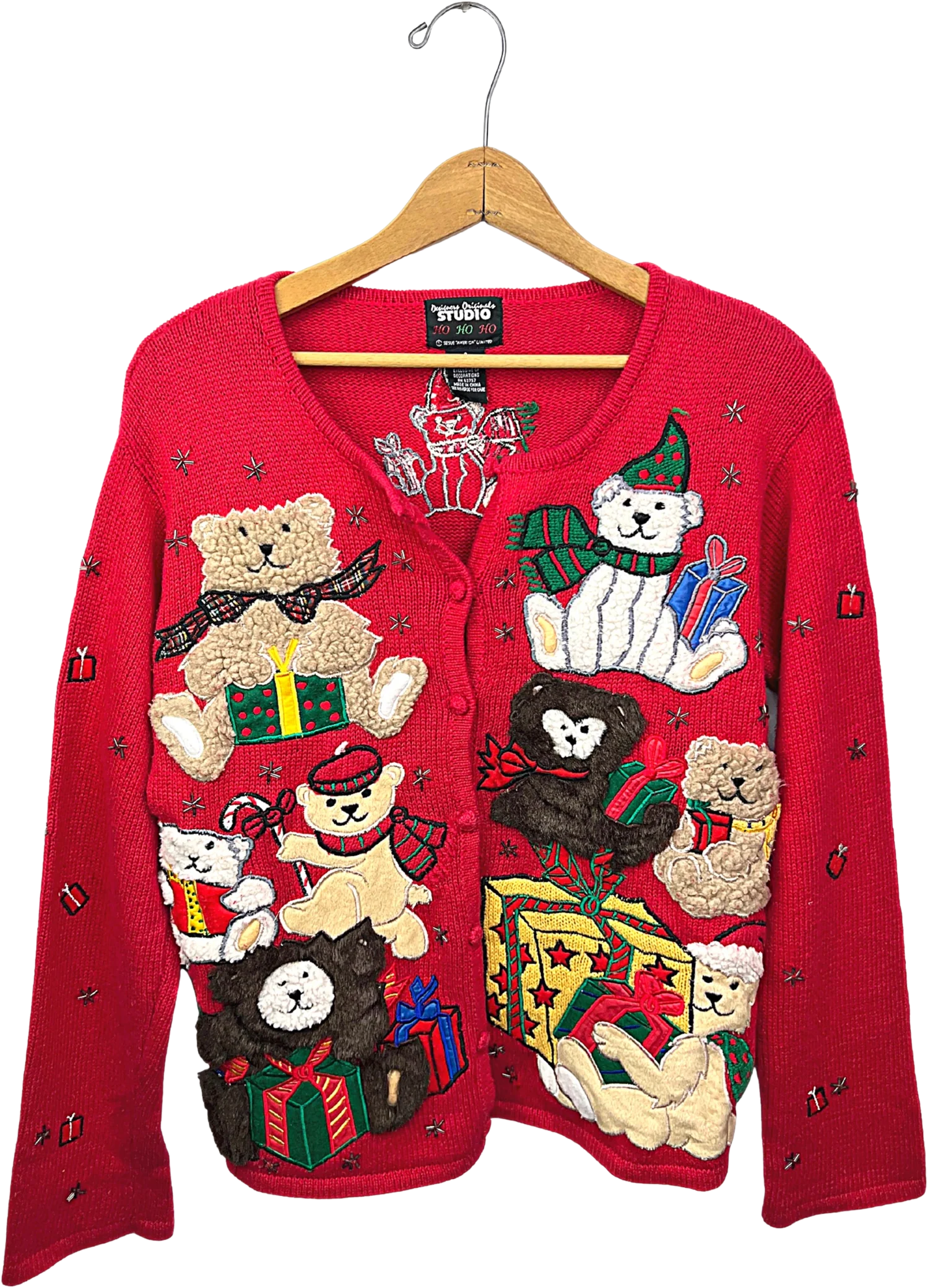 90s Christmas Present Bear Fuzzy Holiday Cardigan By Desinger Studio