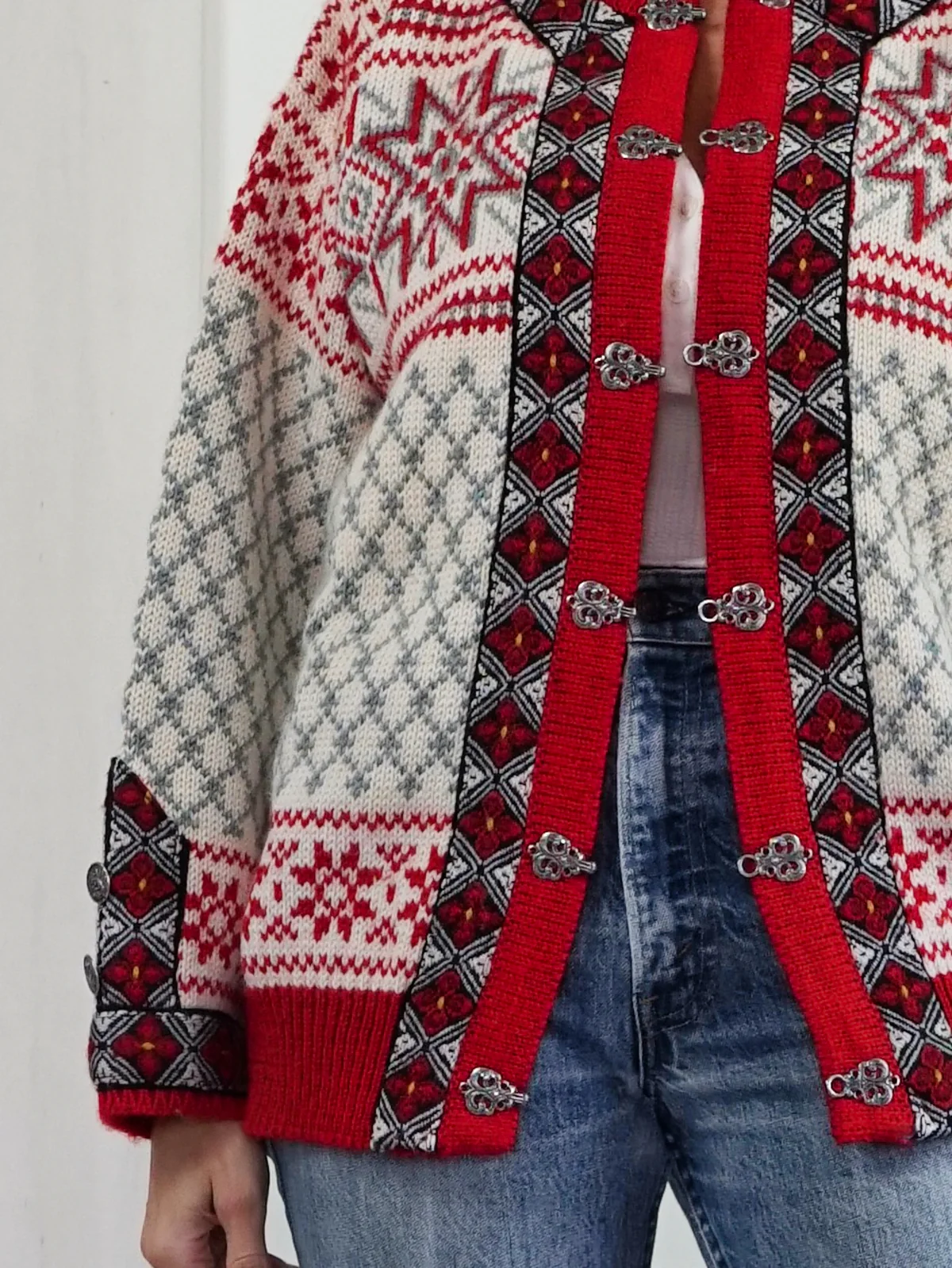 90s Classic Red Wool Snowflake Cardigan Ski Sweater By Dale of Norway - Image 3