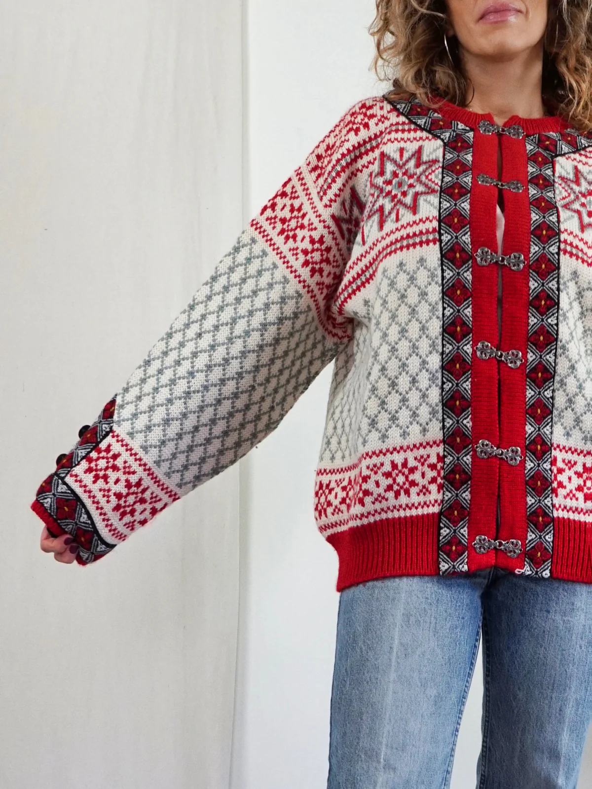 90s Classic Red Wool Snowflake Cardigan Ski Sweater By Dale of Norway - Image 4
