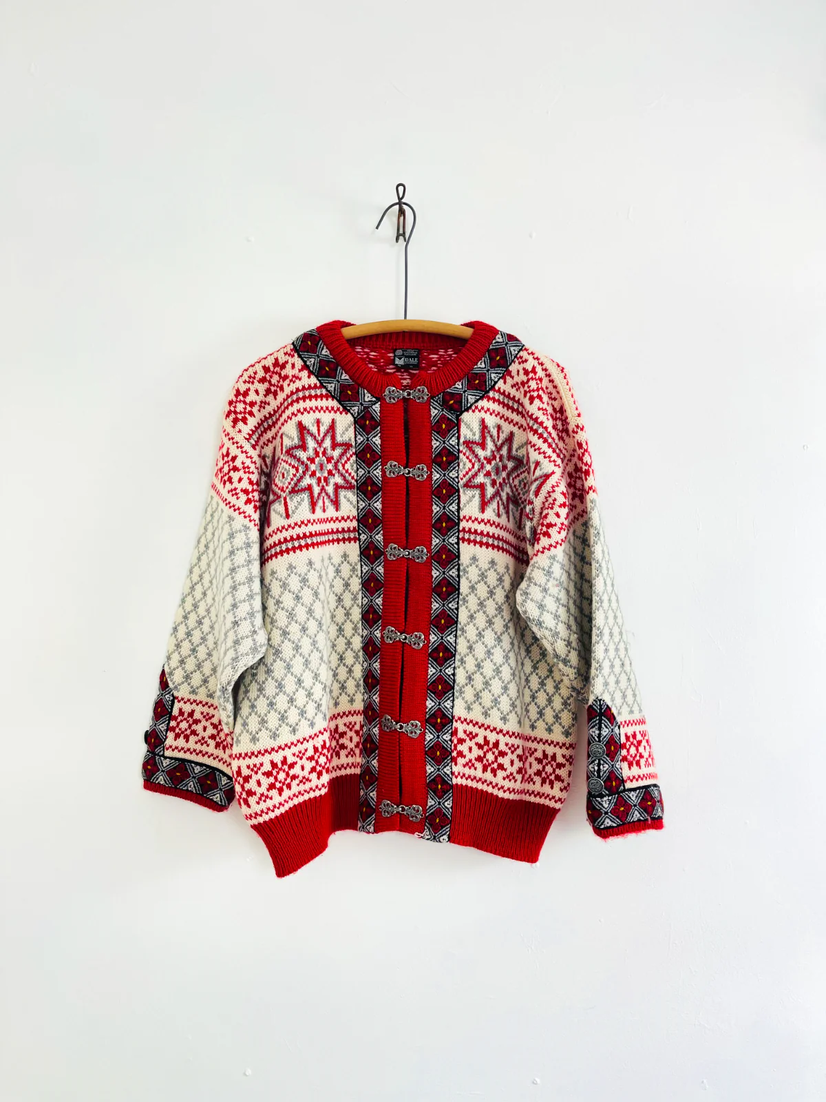 90s Classic Red Wool Snowflake Cardigan Ski Sweater By Dale of Norway - Image 6