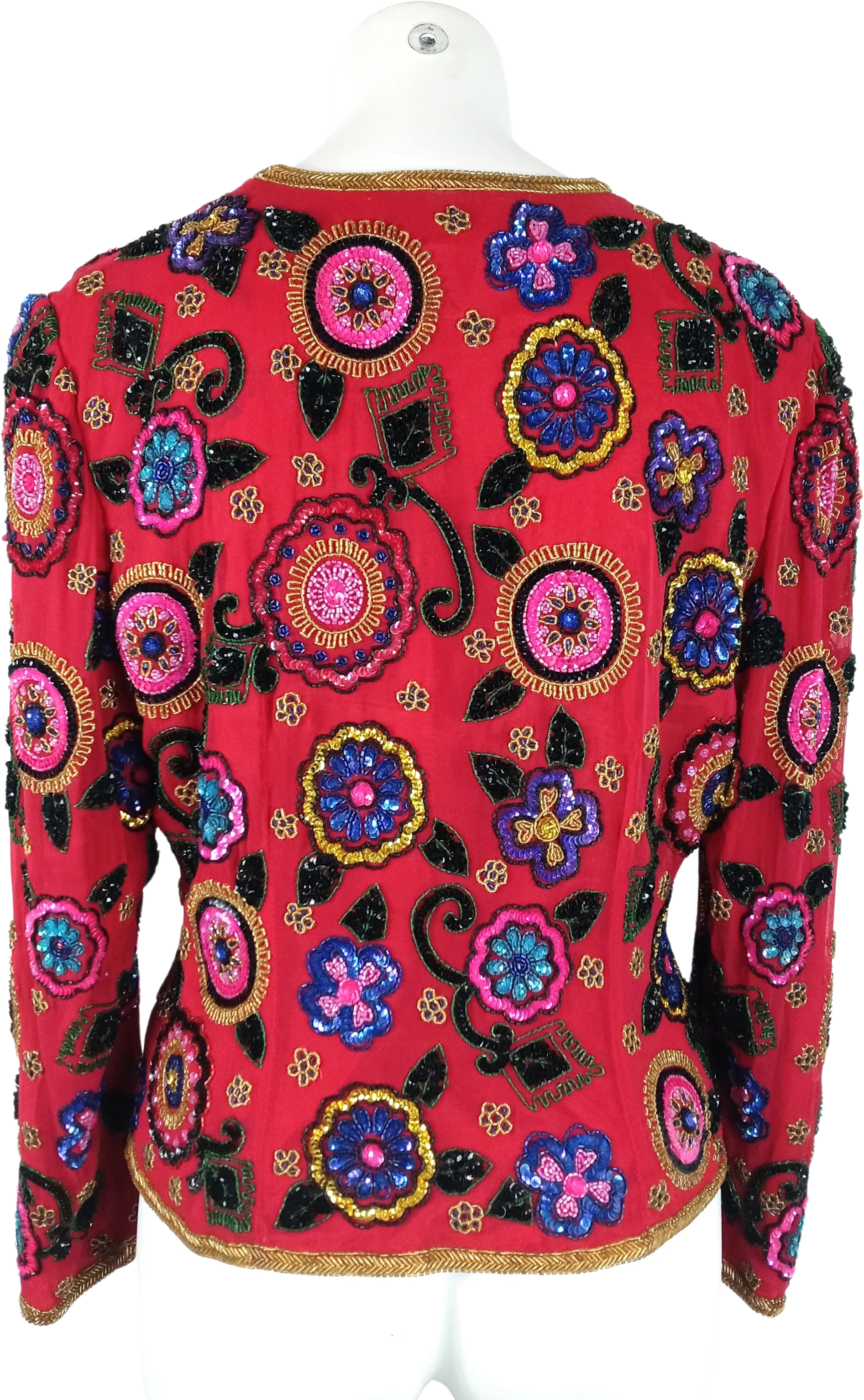 90s Colorful Floral Beaded Red Silk Eveningwear Jacket by  Della Roufogali