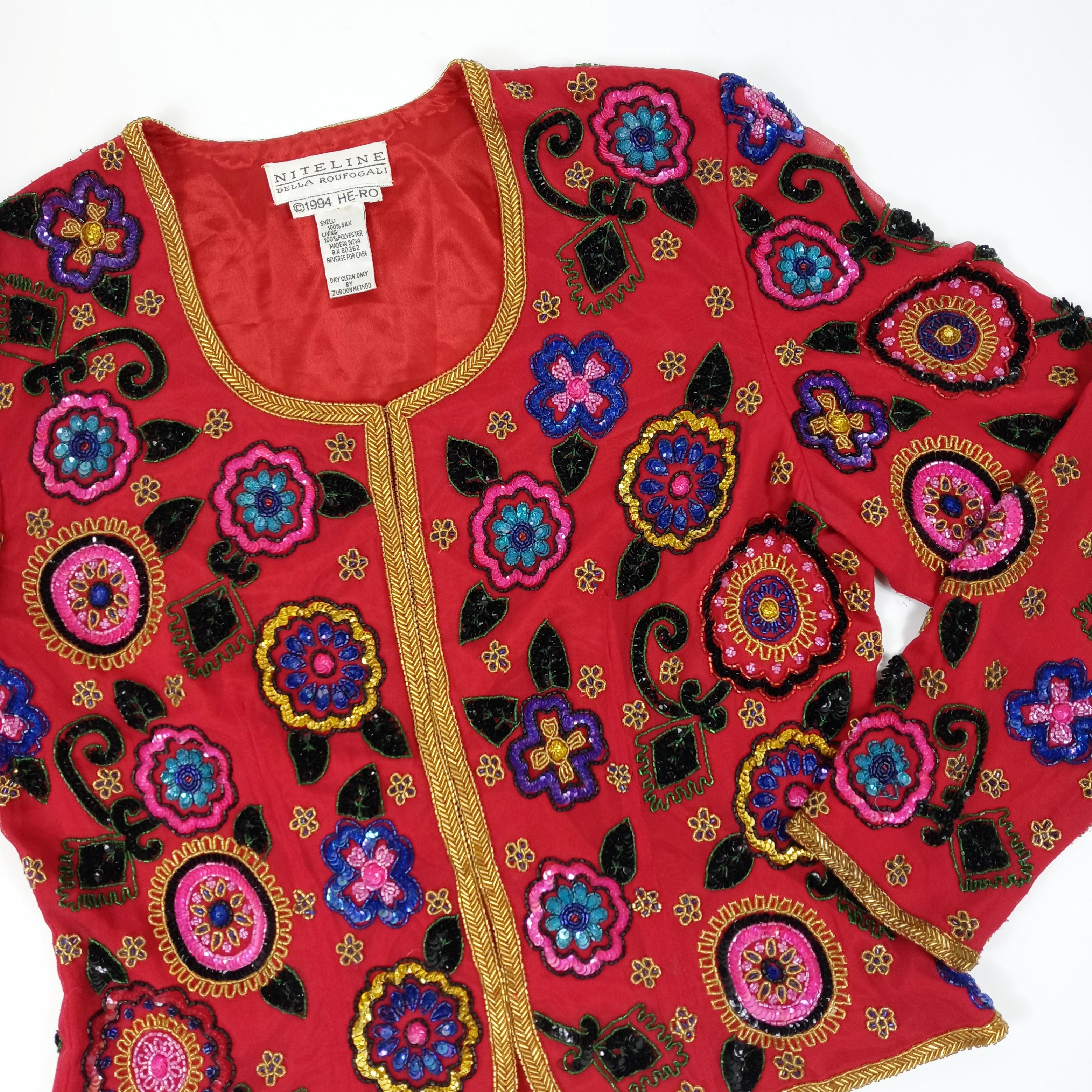 90s Colorful Floral Beaded Red Silk Eveningwear Jacket by  Della Roufogali - Image 2