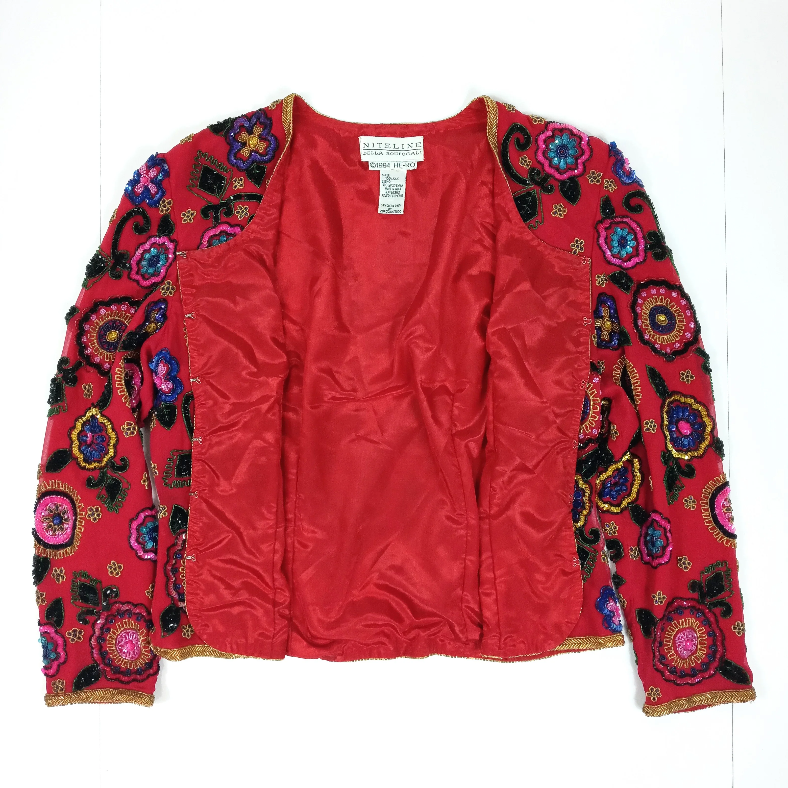 90s Colorful Floral Beaded Red Silk Eveningwear Jacket by  Della Roufogali - Image 6