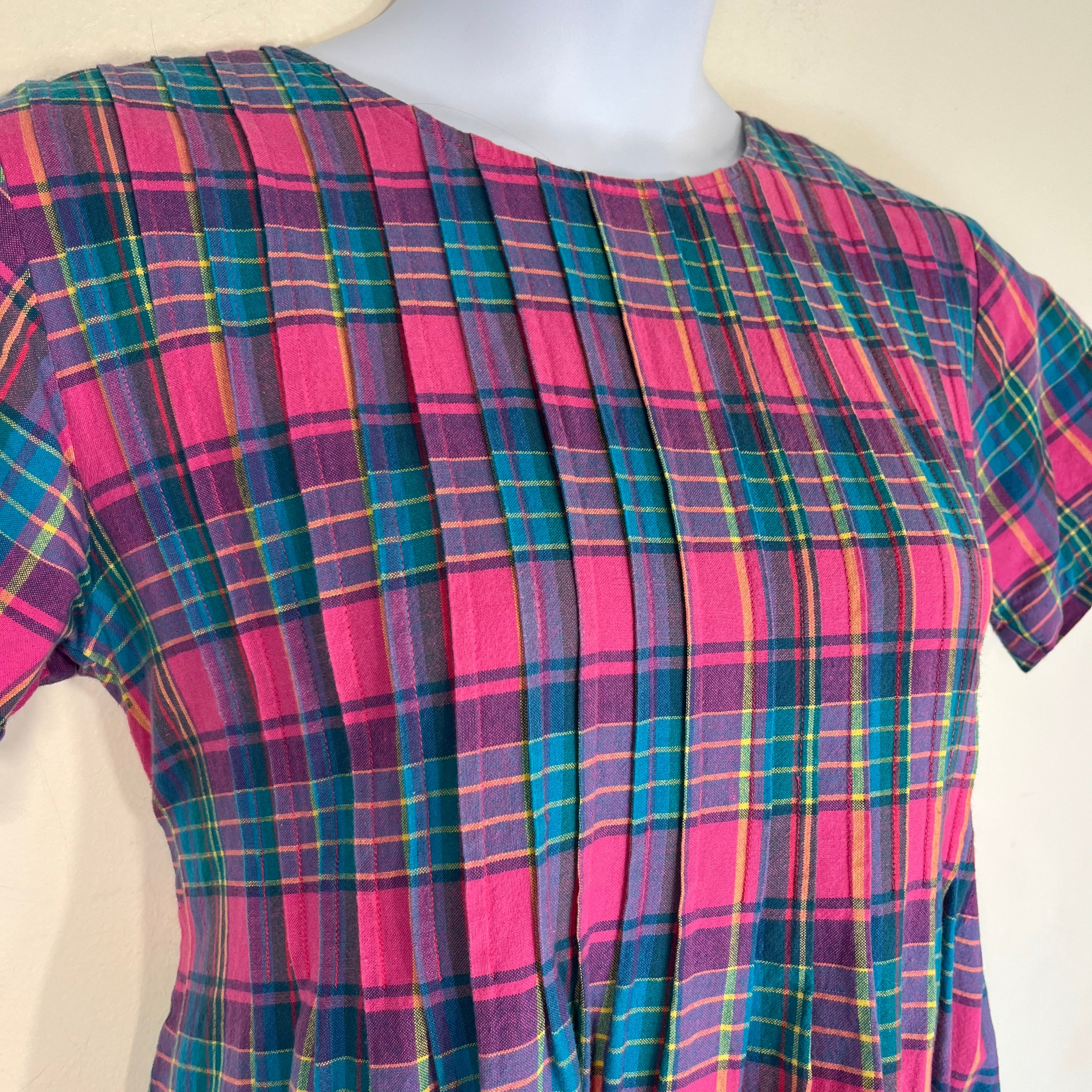 90s Colorful Plaid Tie Back Midi Dress One Size - Image 5