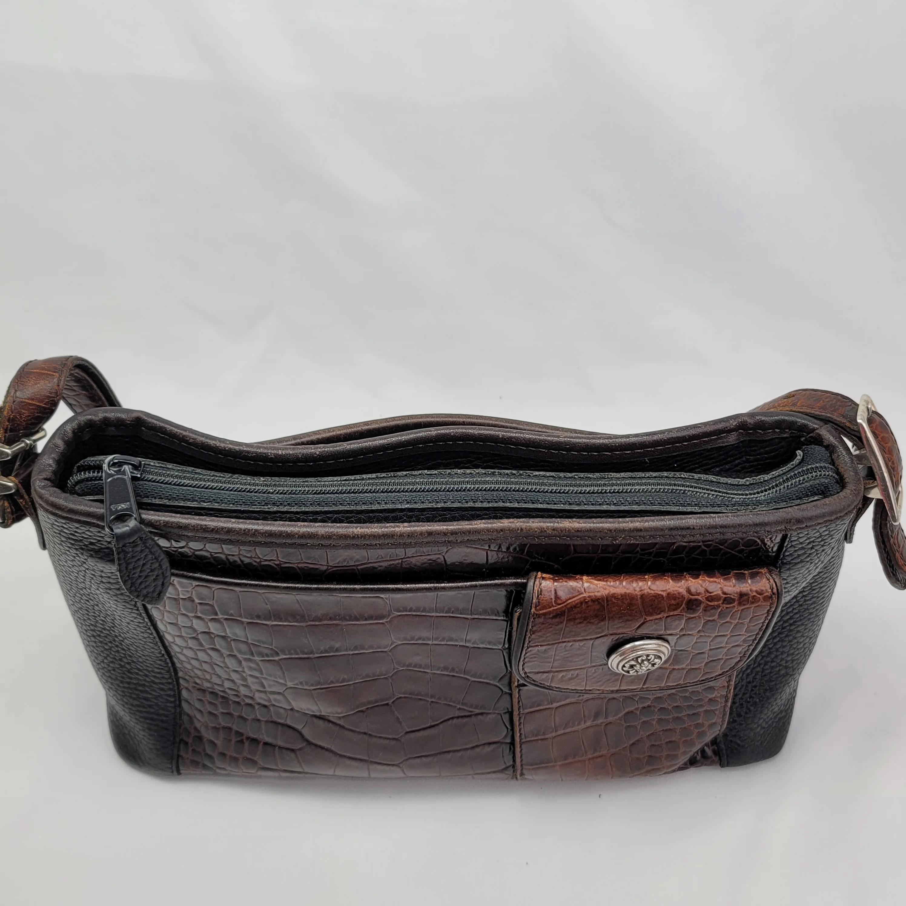 90s Croc Embossed Pebbled Black Brown Leather Bag By Brighton - Image 7