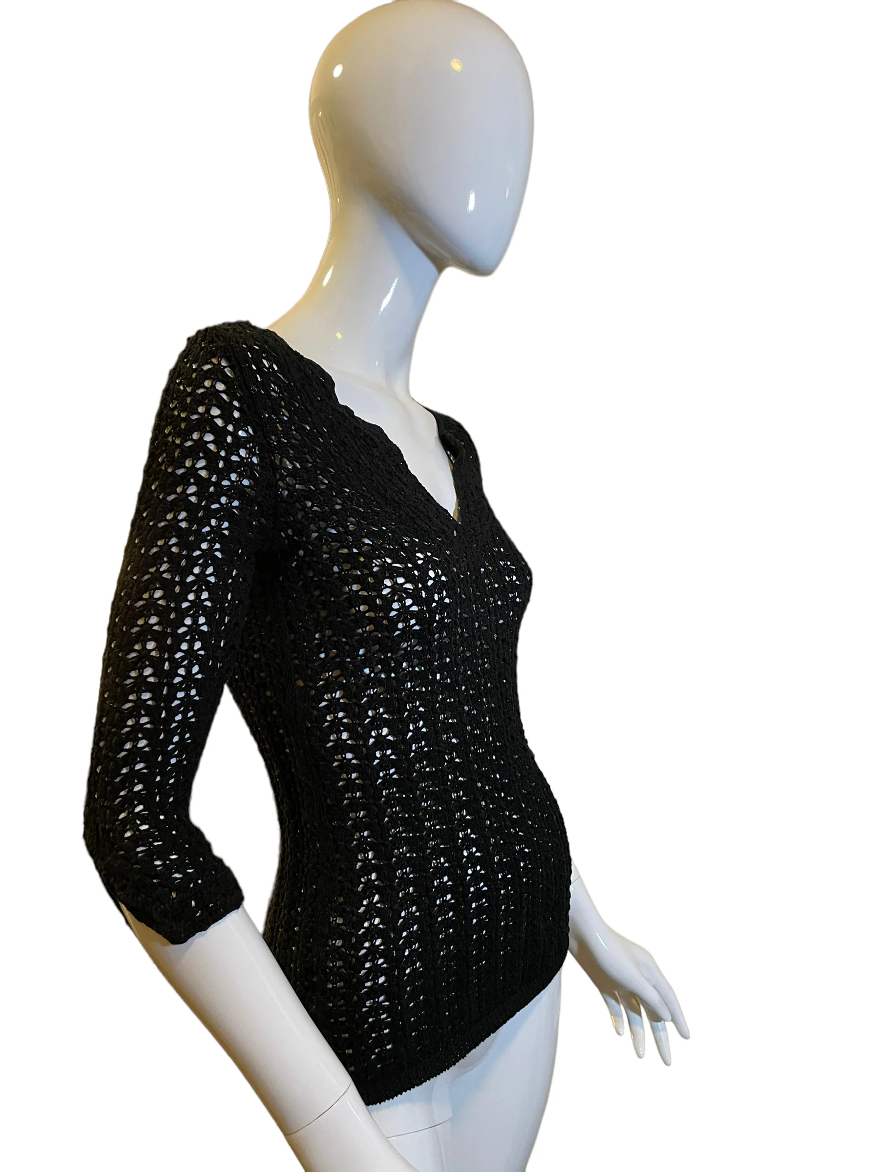 90s Crochet Grunge V Neckline Pullover Sweater Black - Image 3