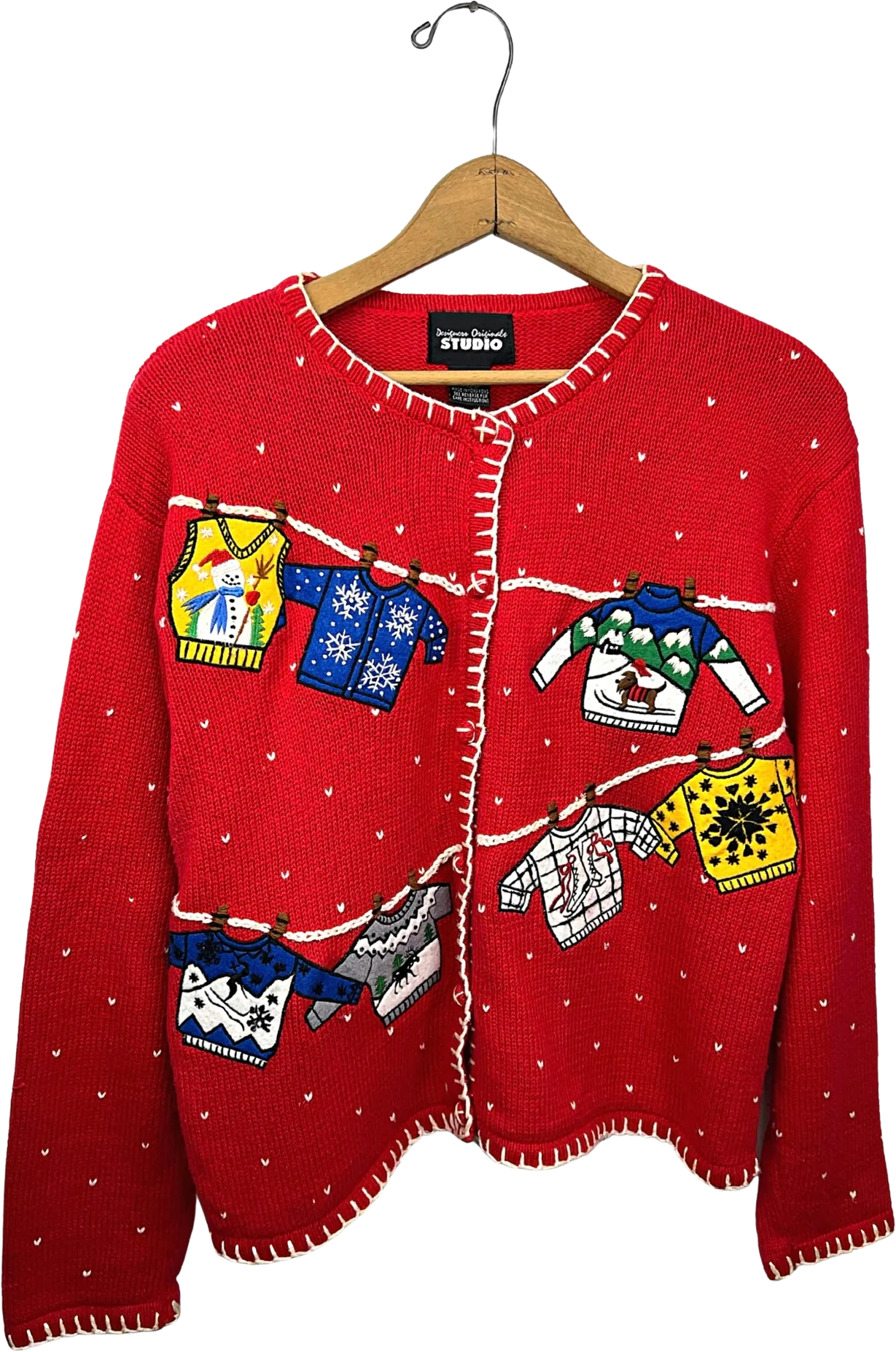 90s Cute Holiday Clothesline Chunky Cardigan Sweater By Designers Studio